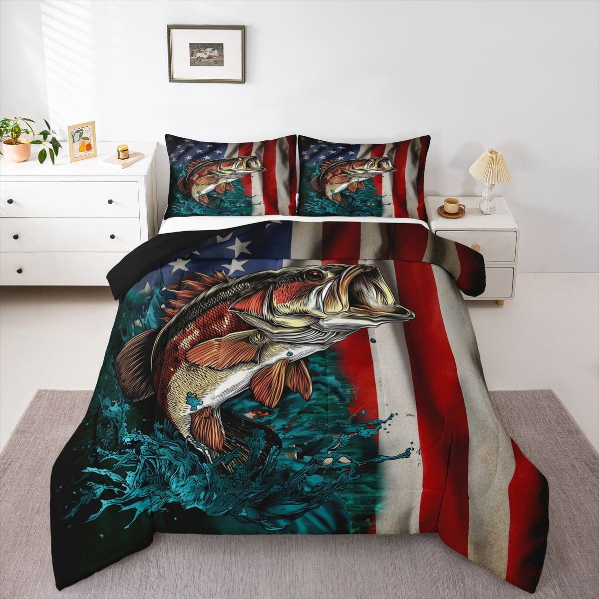 American Flag Bass FishingTwin Bedding Set Fisherman Fishing Comforter USA Flag Duvet Insert Big Pike Fish Fishing Lures Hook Hunting Decor Quilt Hunting and Fishing Farmhouse Decor