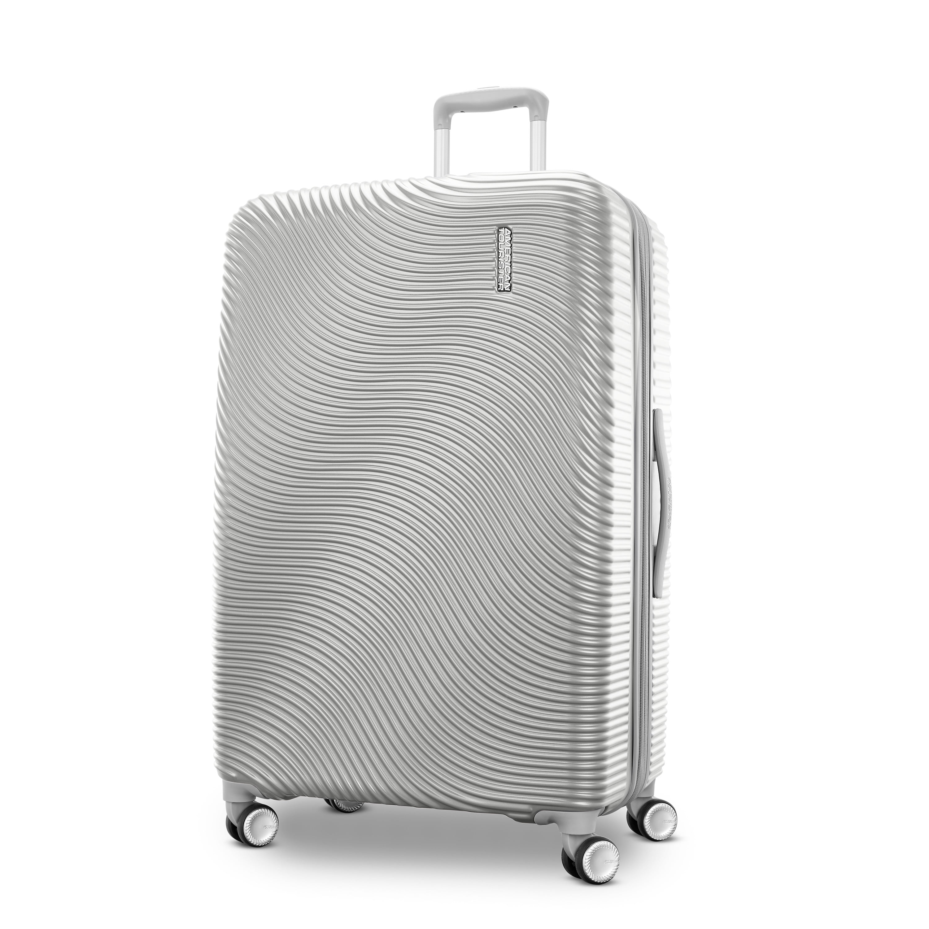 American Tourister Color Waves Large Checked Expandable Luggage Suitcase with Spinner Wheels, Silver