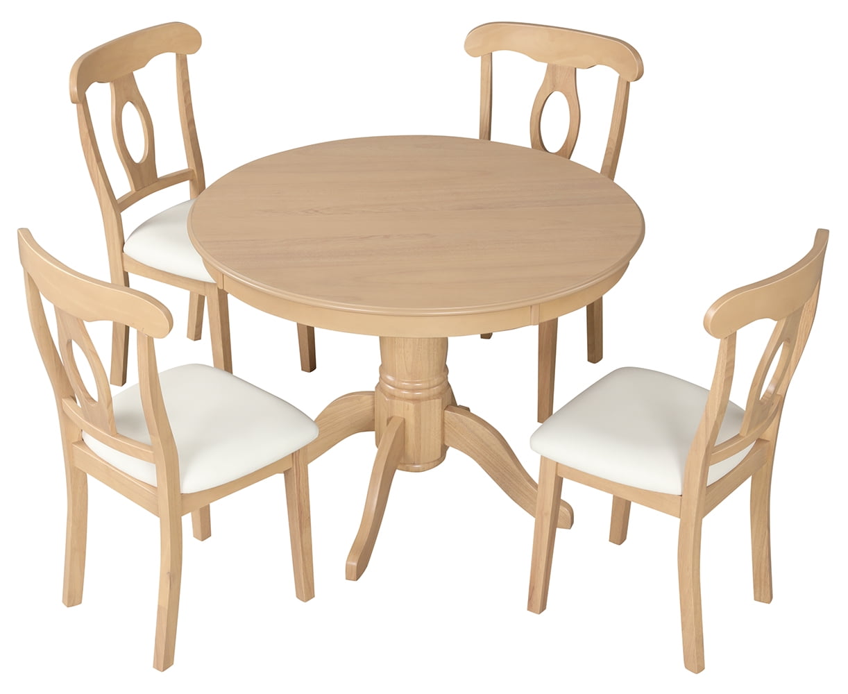 Angel Line Lindsey 5-Piece Traditional Wood Pedestal Round Table Dining Set, Natural/White