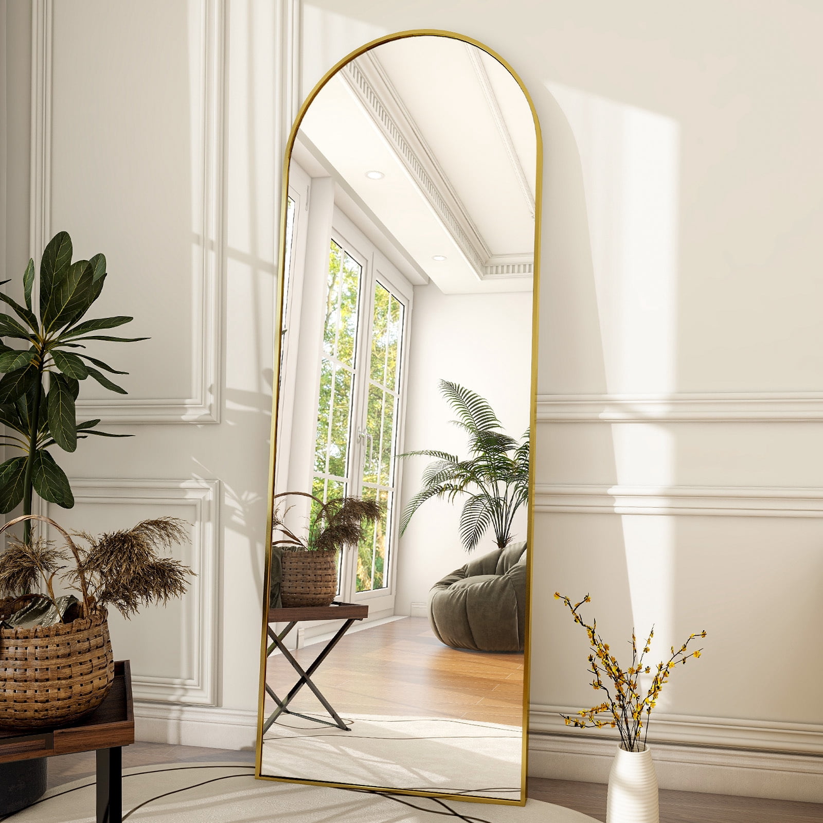Anyrose 64"x21.1" Arched Full Length Mirror Metal Frame Floor Mirror with Stand, Gold