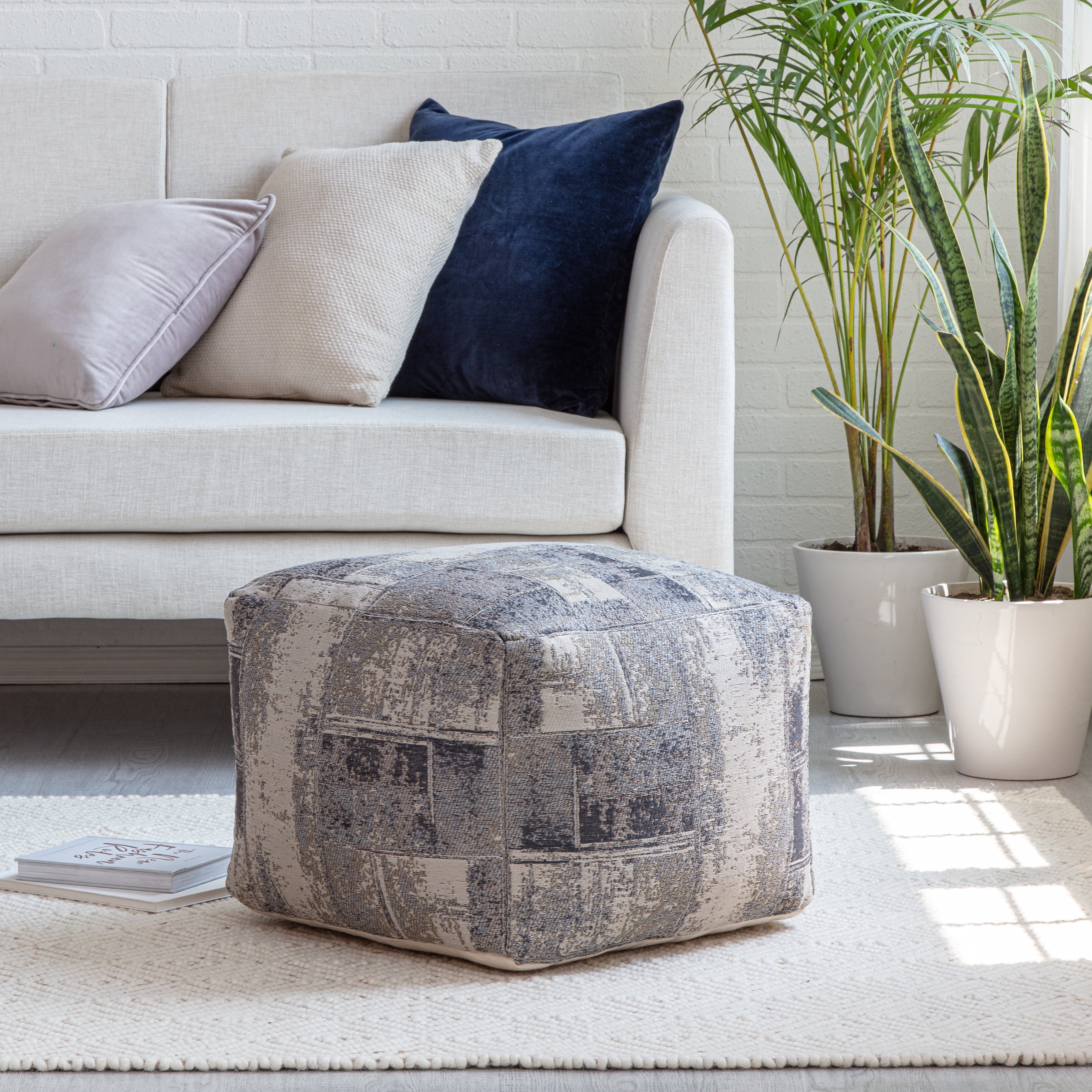 Anji Mountain Ivory Off-White Jacquard Woven Polyester Square Poufs