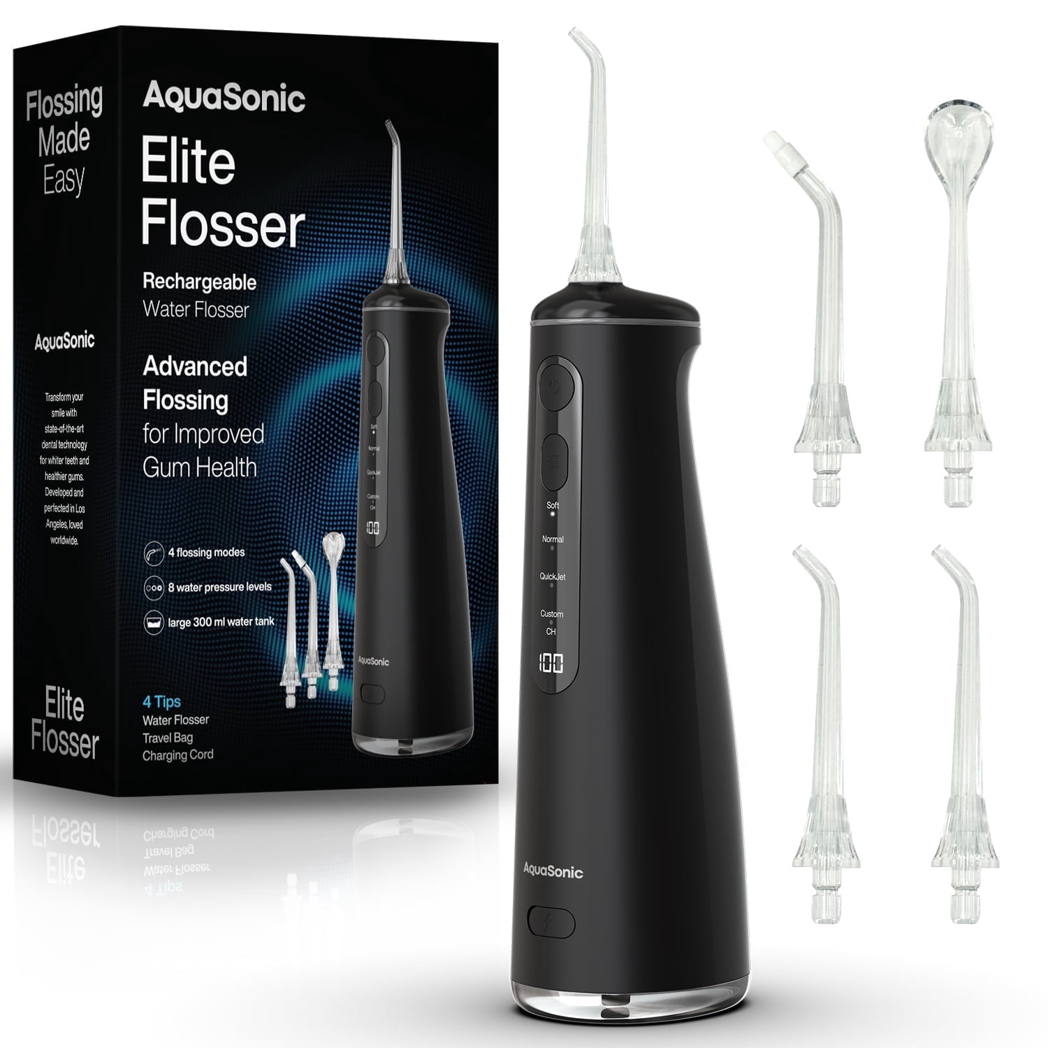 AquaSonic Elite Rechargeable Water Flosser - 300ml Tank, 4 Tips, Travel Bag, Waterproof - Black