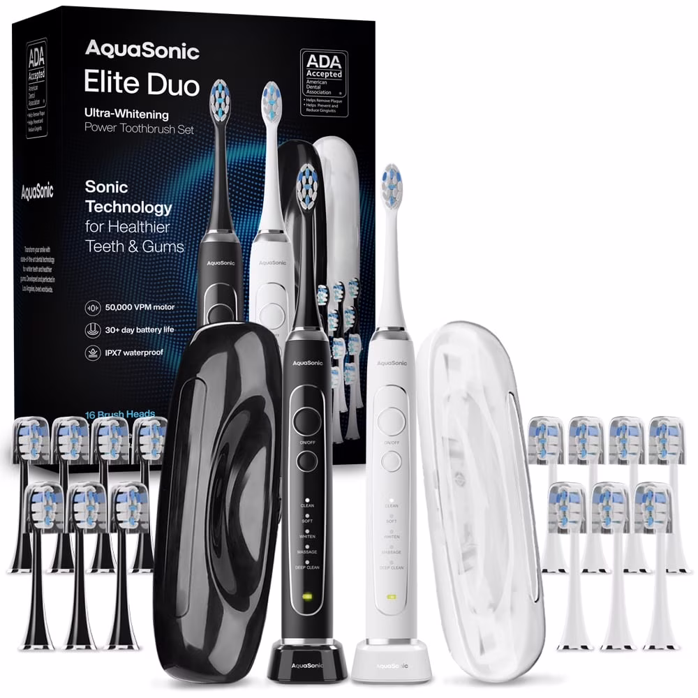AquaSonic Elite Duo Rechargeable Electric Toothbrush Set – ADA Accepted, 5 Modes, 2 Travel Cases, 16 Brush Heads (Black/White)