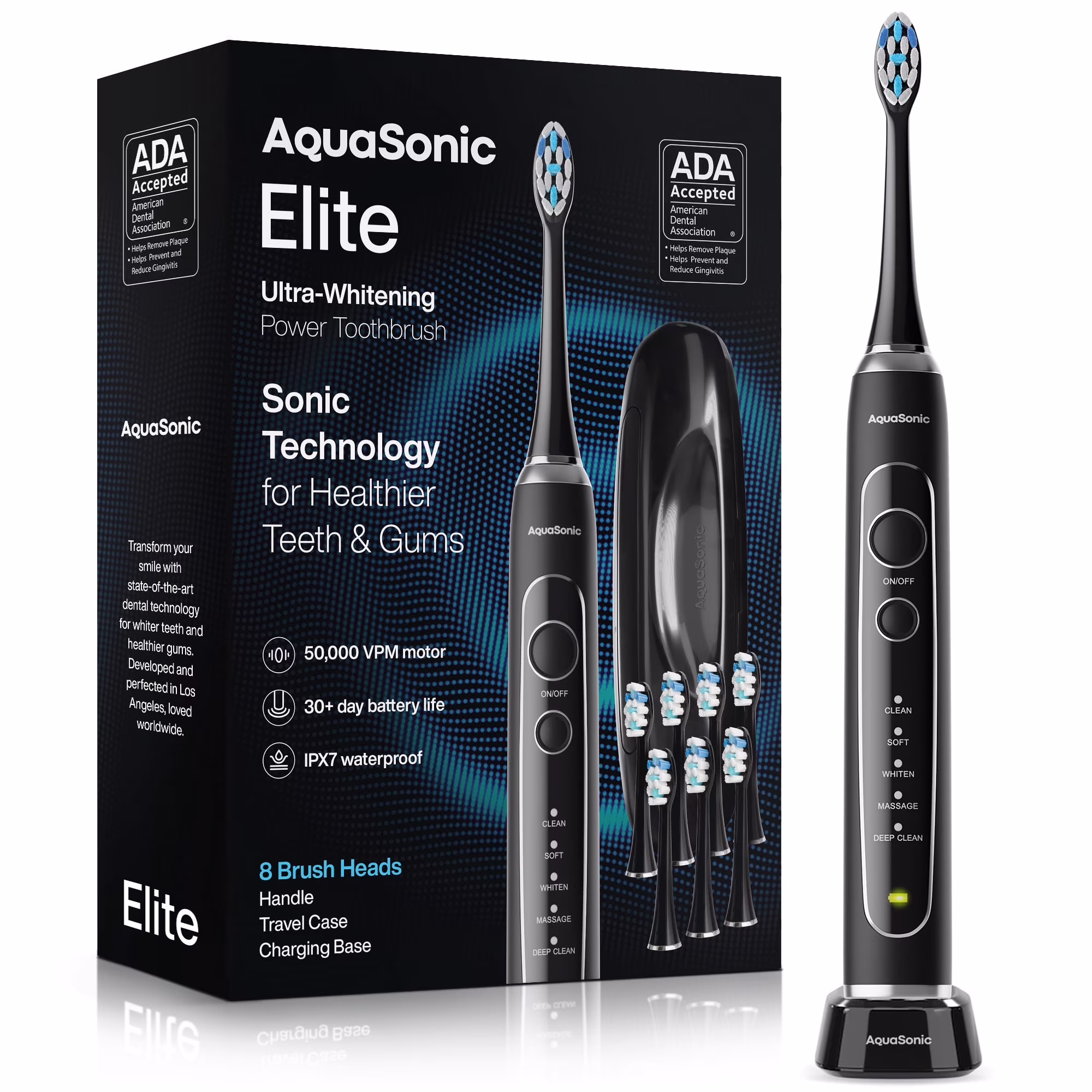 AquaSonic Elite Rechargeable Electric Toothbrush Set - ADA Accepted, 5 Modes, Travel Case, 8 Brush Heads (Black)