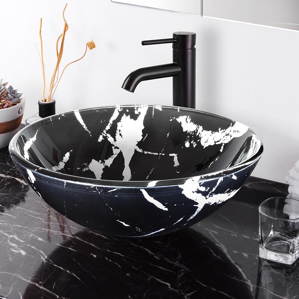Aquaterior Tempered Glass Round Vessel Sink Artistic Marbling Pattern Above Counter Bathroom Lavatory Vanity Bowl Basin