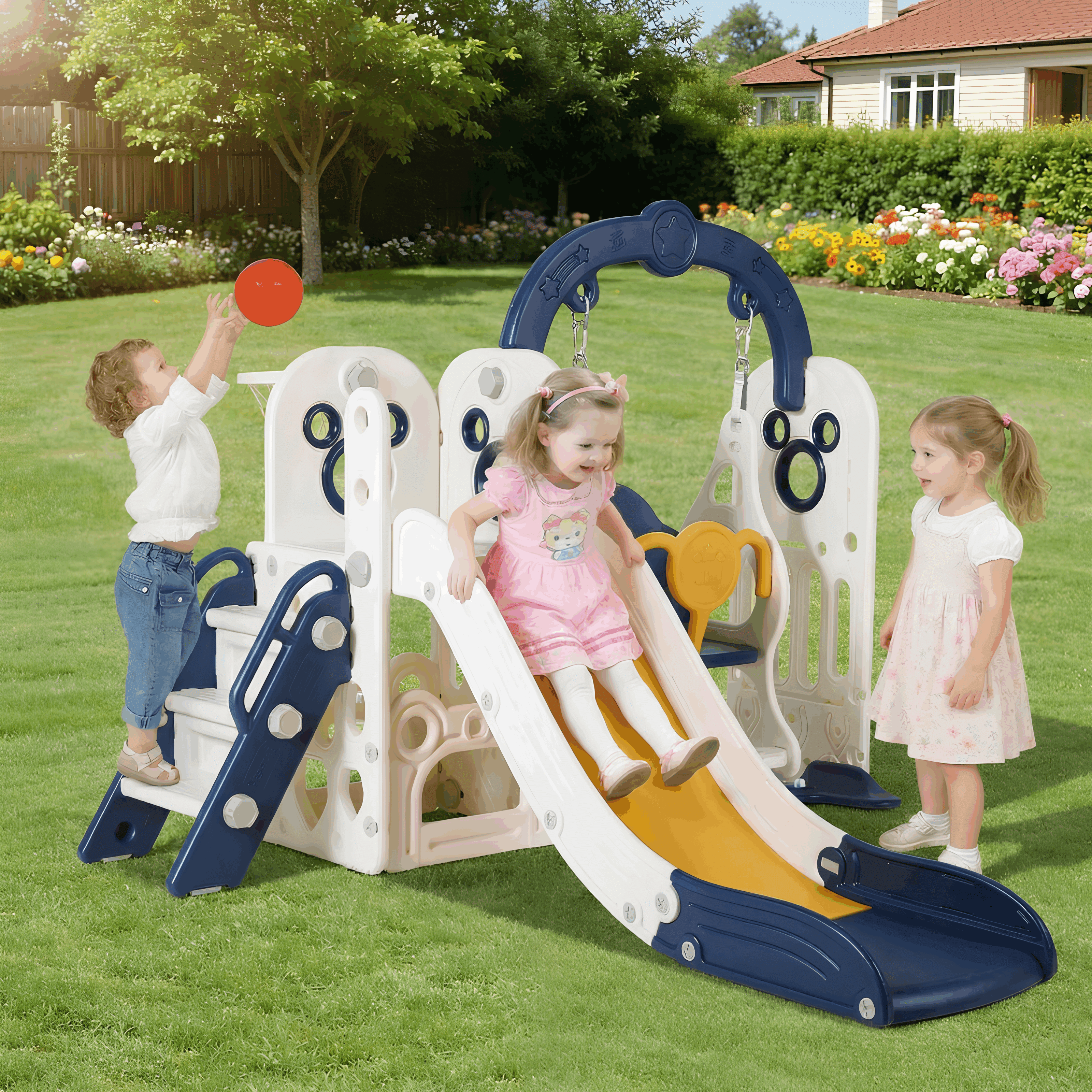 Arlopu Kids Slide & Swing Set, Large Toddler Slide Climber Playset w/ Ball & Basketball Hoop, Storage Space, Anti-Slip Steps, Indoor Outdoor Playground Toy for Boys & Girls 2+ Years