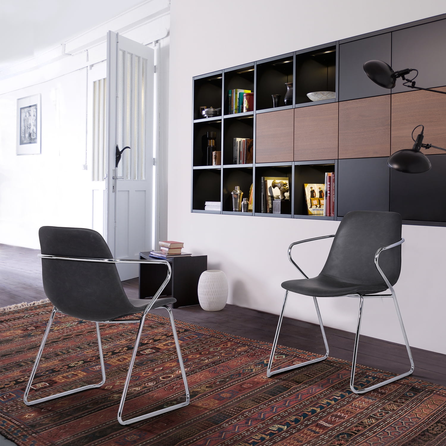 Armen Living Gwen 18.5" Modern Faux Leather Dining Chair in Chrome and Gray