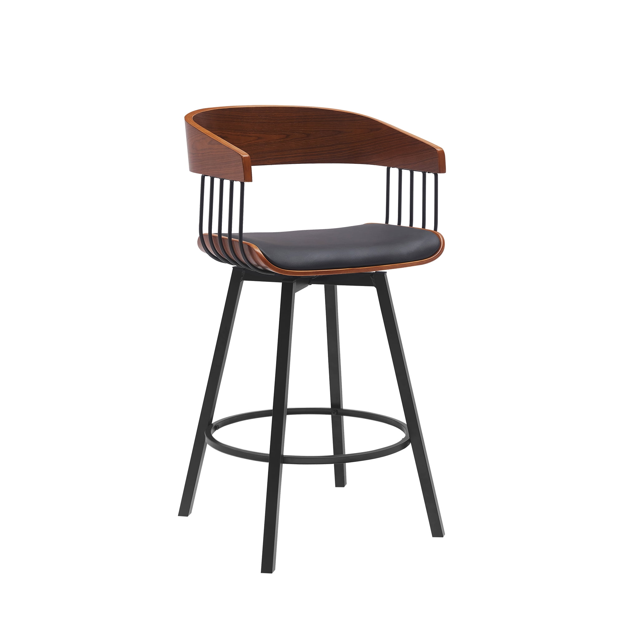 Armen Living Indoor Athena 27" Swivel Walnut Wood Counter Stool in Black Faux Leather with Black Metal