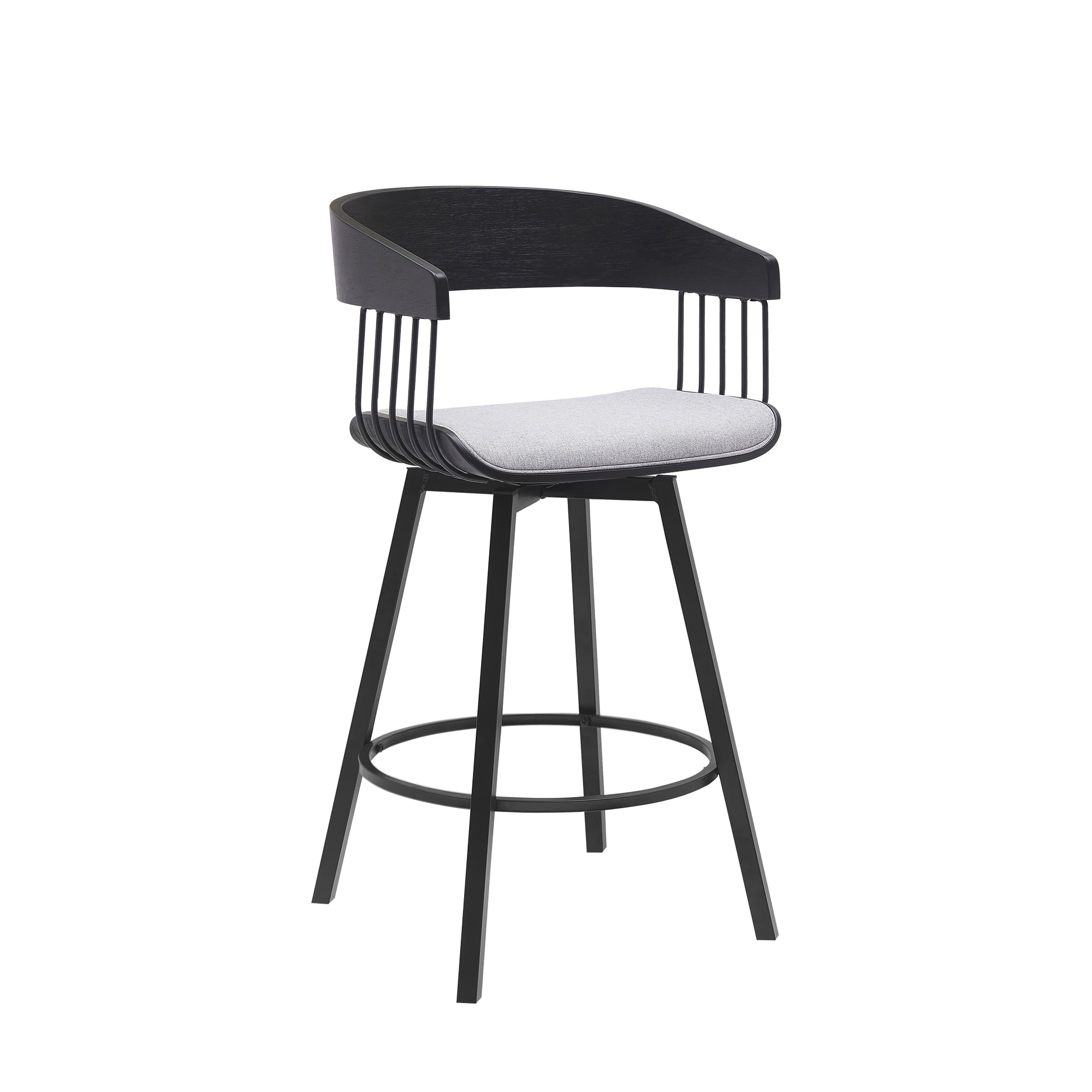 Armen Living Indoor Athena 27" Swivel Black Wood Counter Stool in Light Gray Fabric with Black Metal