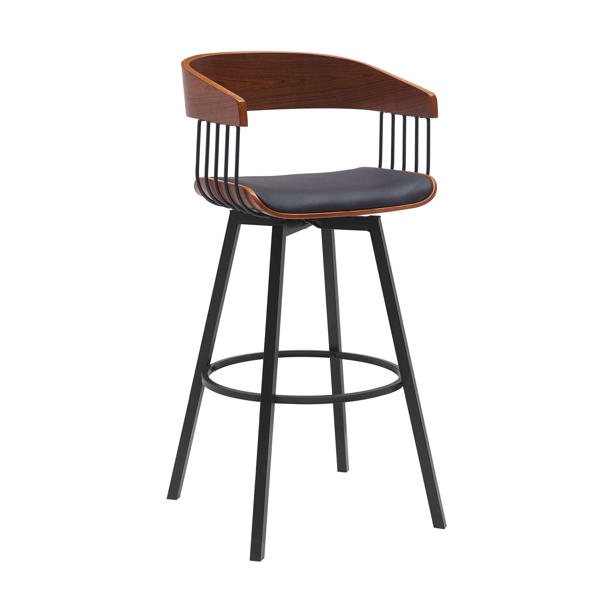 Armen Living Indoor Athena 31" Swivel Walnut Wood Bar Stool in Black Faux Leather with Black Metal