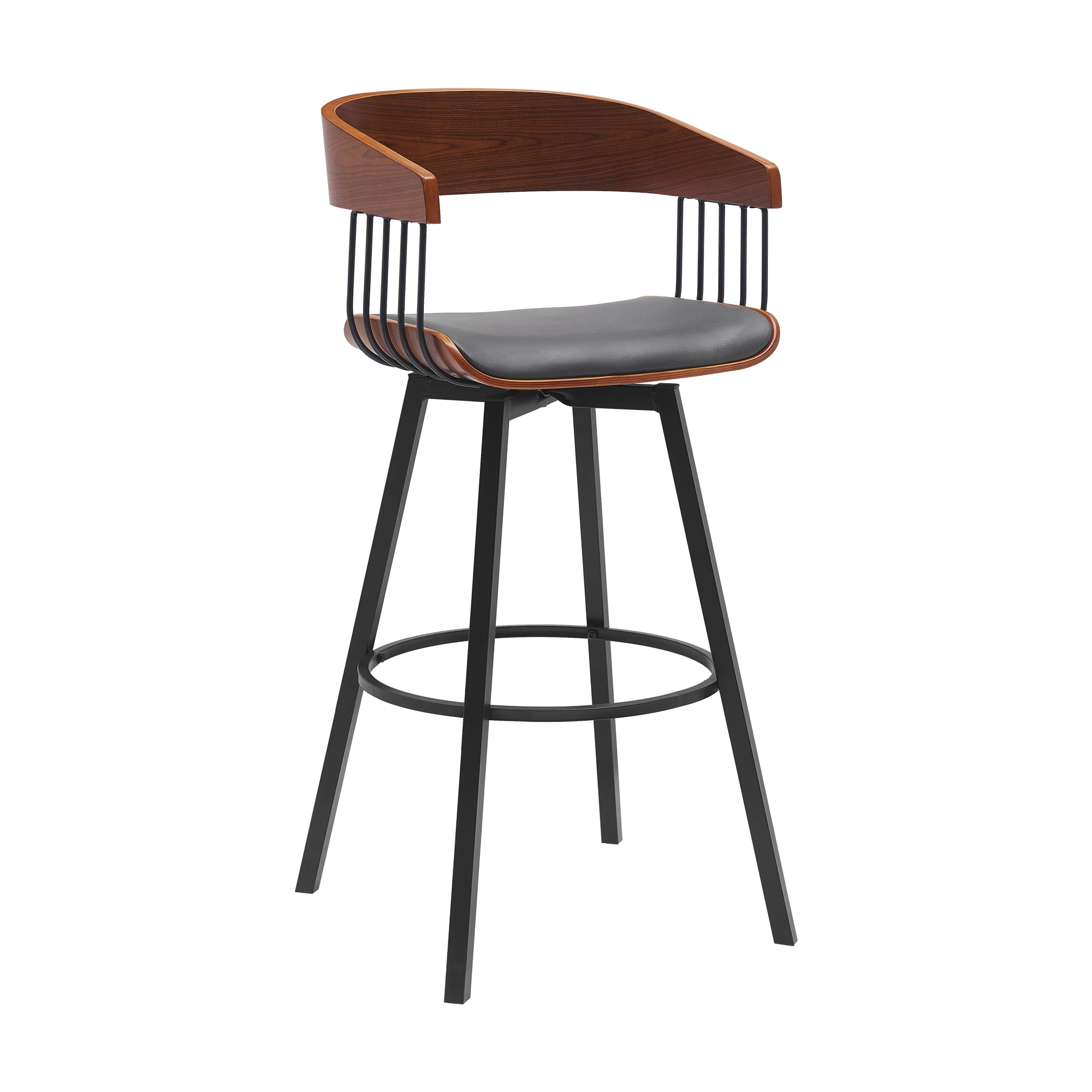 Armen Living Indoor Athena 31" Swivel Walnut Wood Bar Stool in Gray Faux Leather with Black Metal