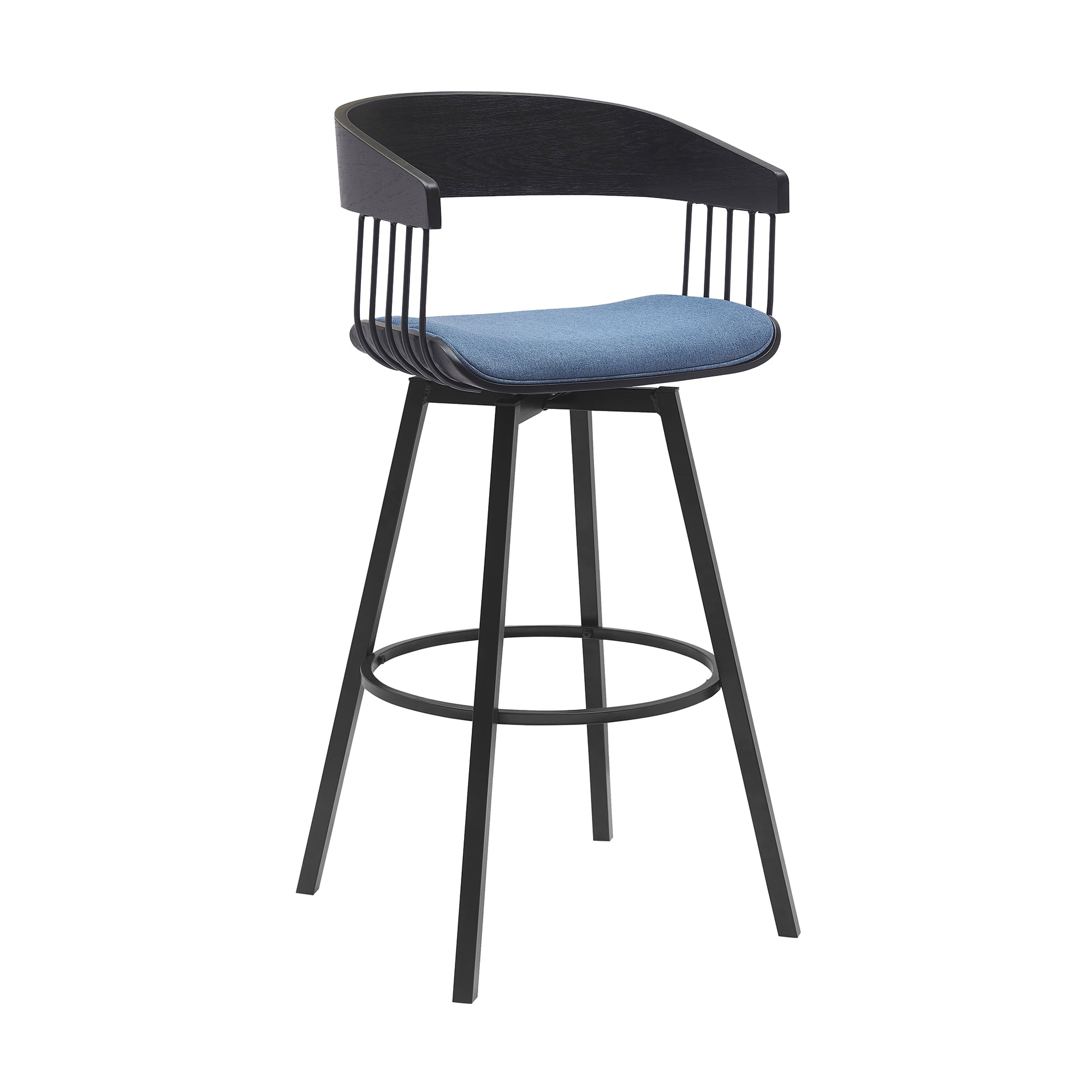 Armen Living Indoor Athena 31" Swivel Black Wood Bar Stool in Blue Fabric with Black Metal