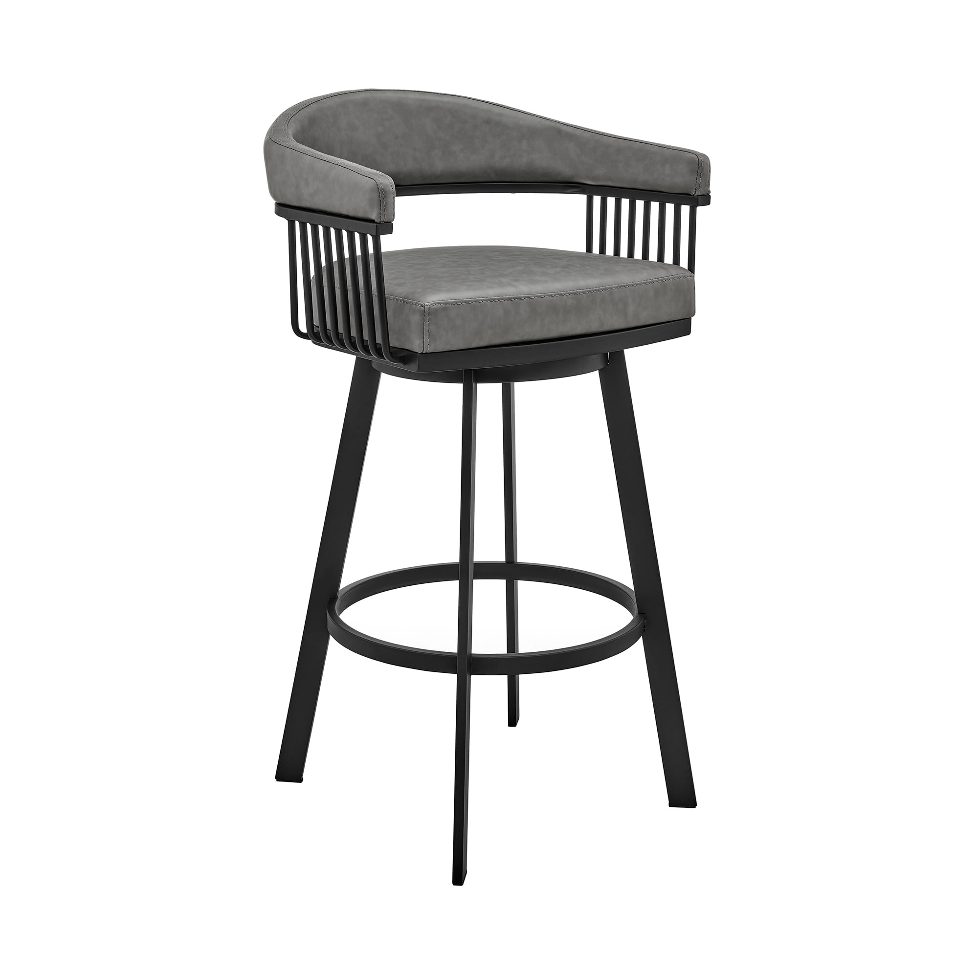 Armen Living Indoor Bronson 29" Bar Height Swivel Bar Stool in Black Finish and Gray Faux Leather