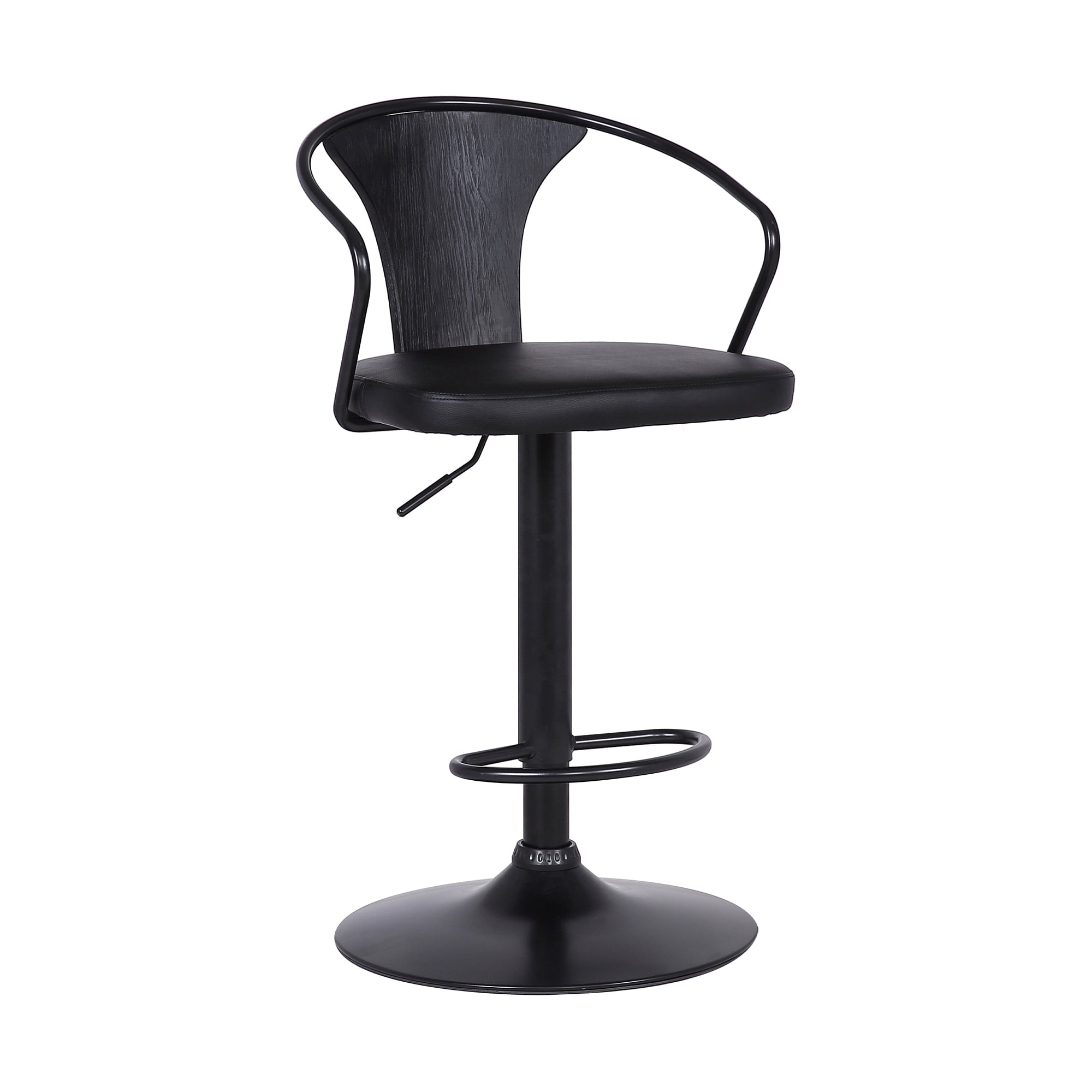 Eagle Adjustable Height Swivel Black Faux Leather and Black Wood Bar Stool with Black Metal Base