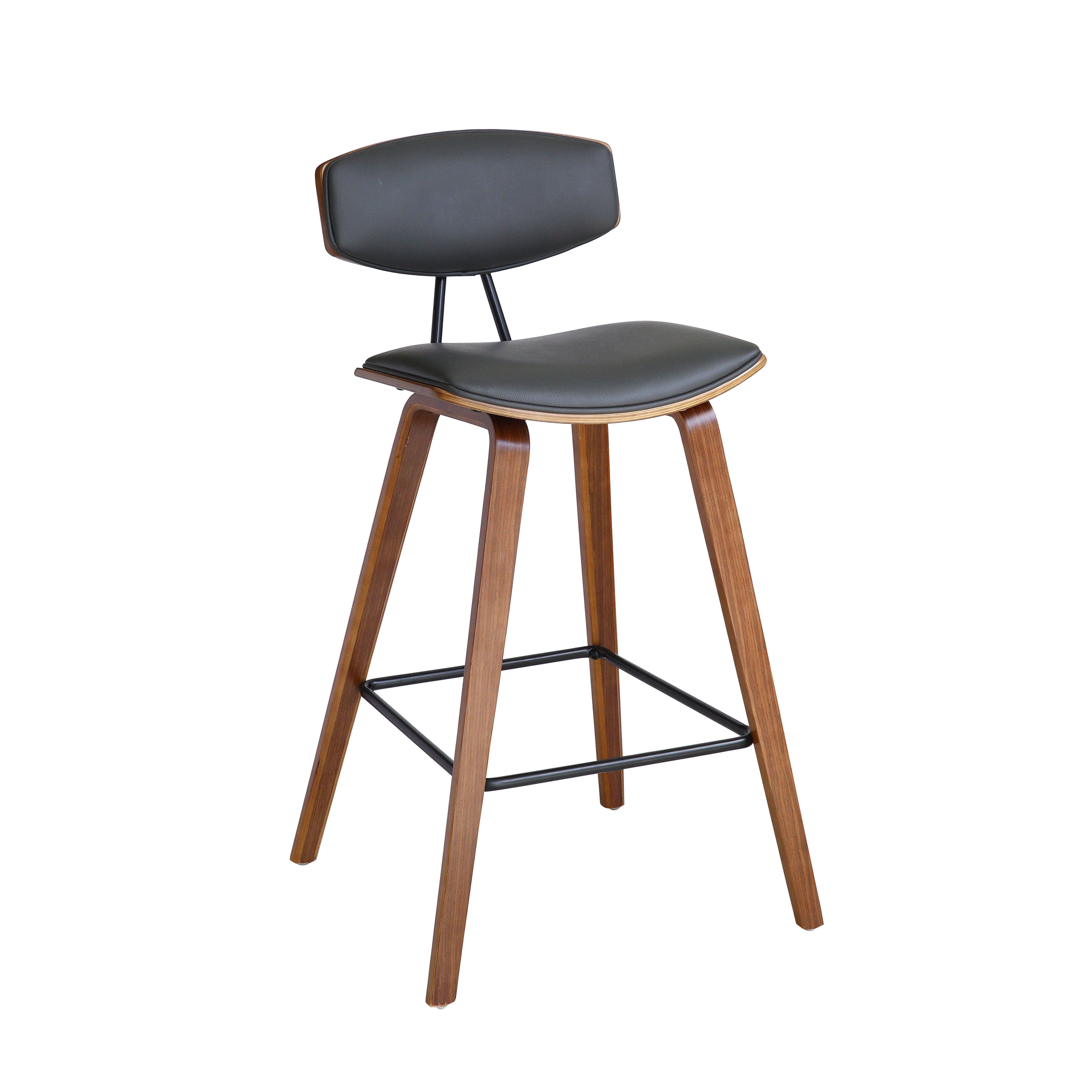 Armen Living Fox 25.5" Seat Height Gray Faux Leather and Walnut Wood Mid-Century Modern Bar Stool