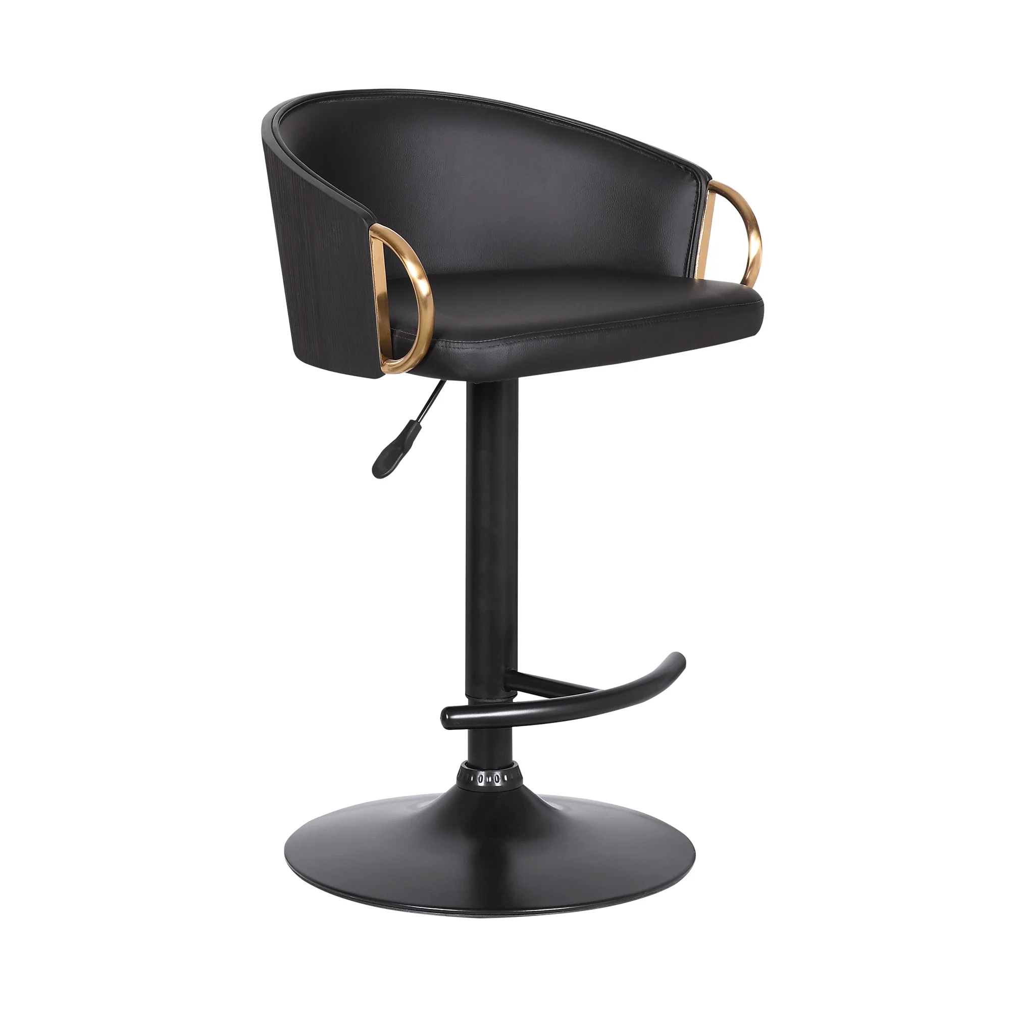 Solstice Adjustable Black Faux Leather Swivel Barstool With Black Powder Coated Finish and Gold Accents