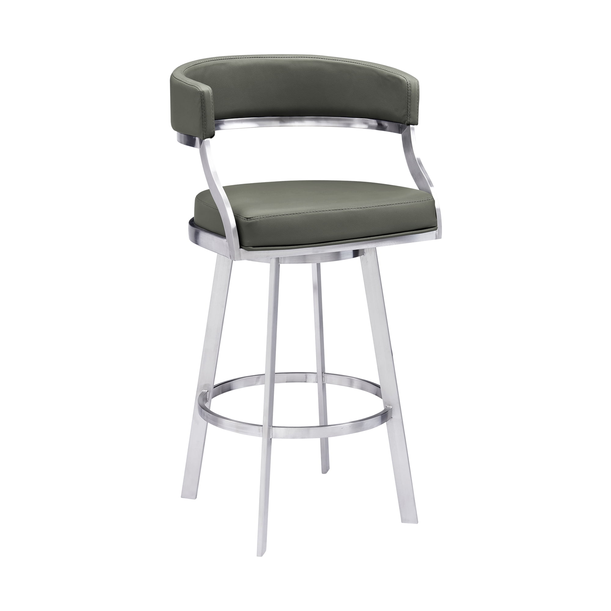 Saturn Modern 26" Seat Height Gray Faux Leather and Brushed Stainless Steel Metal Swivel Bar Stool for Kitchen Island Counter