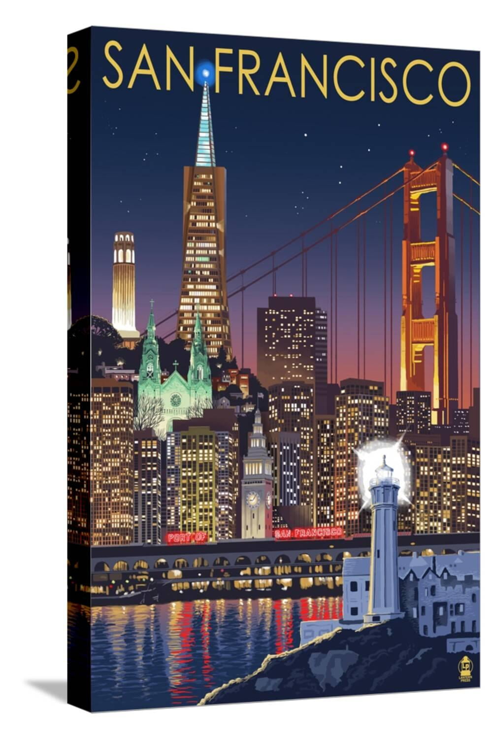 Art.com San Francisco, California Skyline at Night Stretched Canvas Print Wall Art by Lantern Press, 12" x 18"