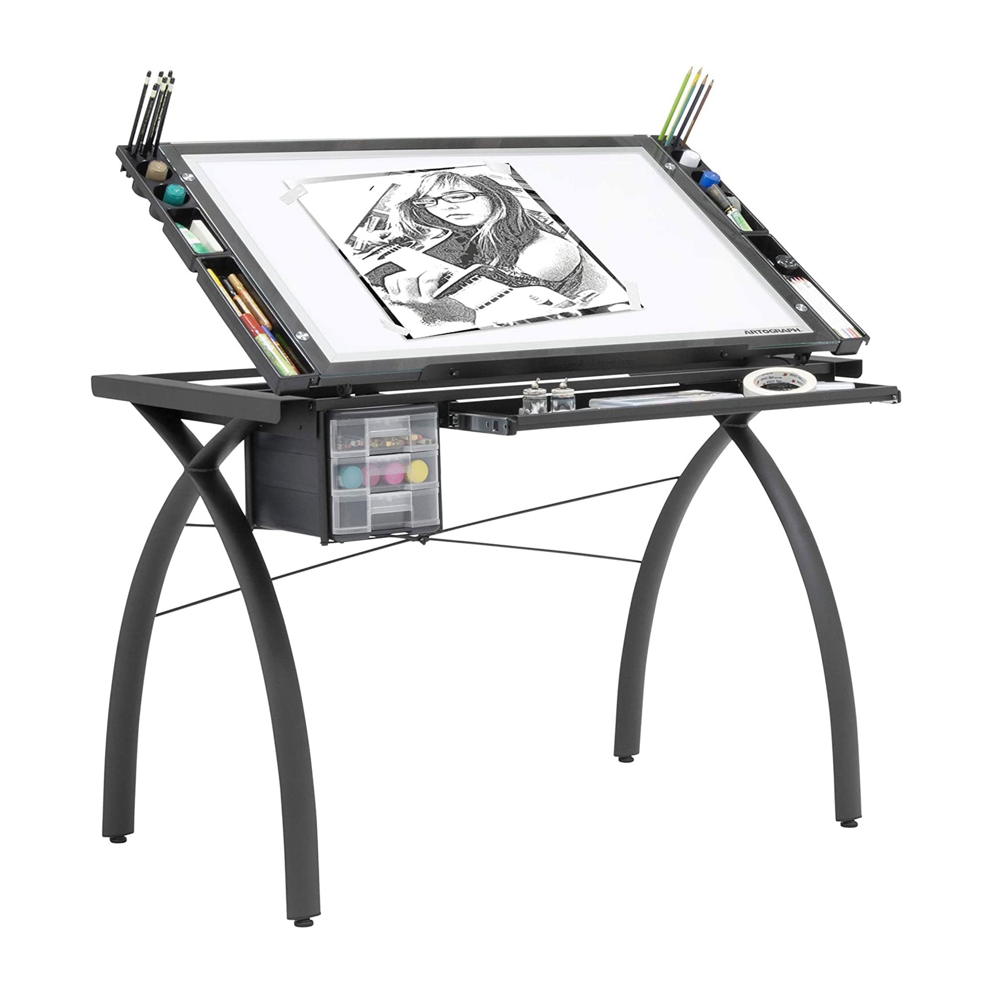 Artograph Futura Adjustable Glass Drafting Table with 4 Art Trays, Black