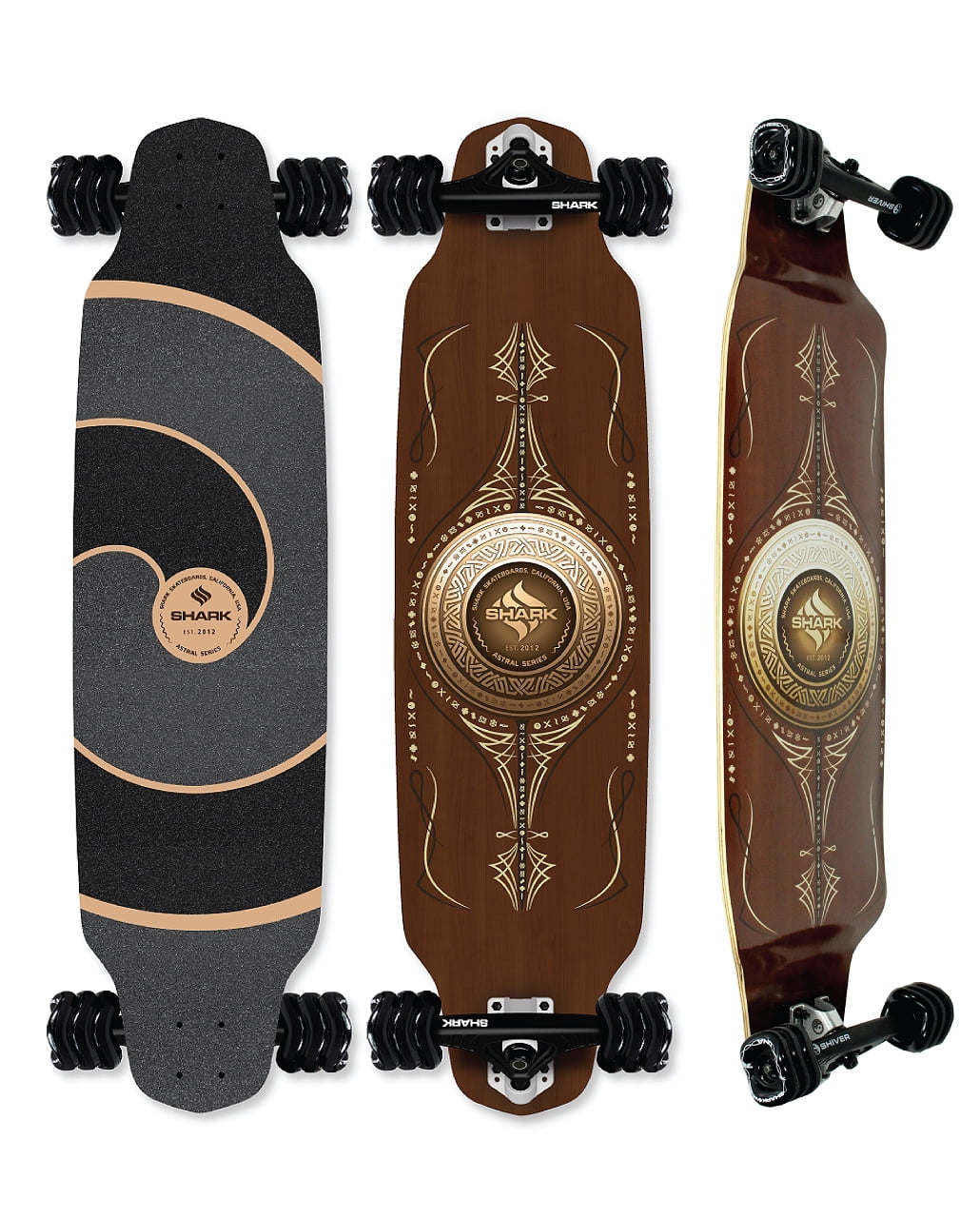 Astral 39 inch Maple Drop Down Longboard with 72mm DNA formula Shark Wheels