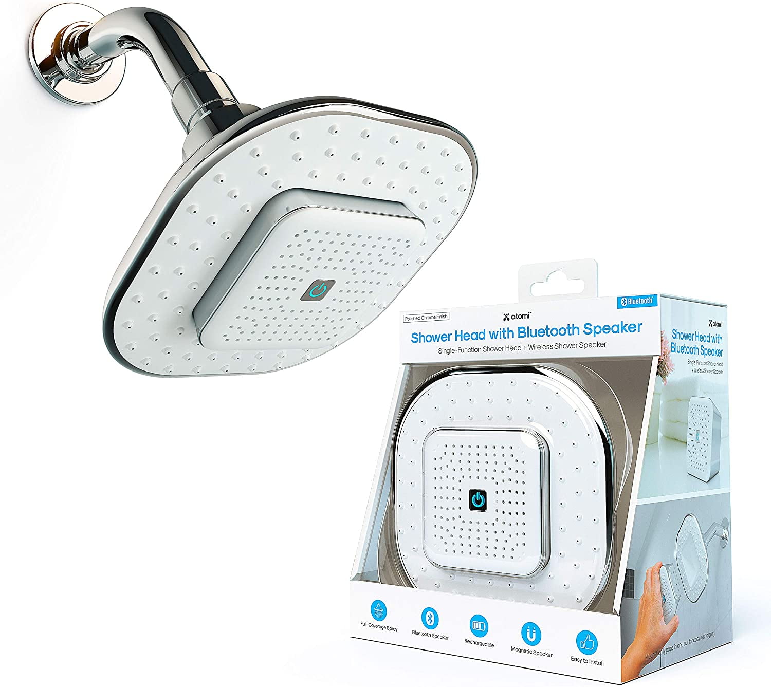 Atomi 4.9” White Showerhead With Removable, Magnetic Bluetooth Speaker – AT1490, 1 Pk