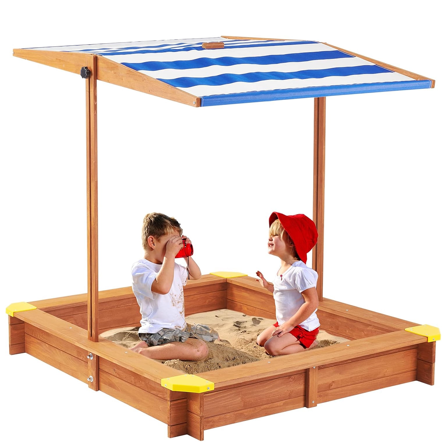 Aukfa Wooden Sandbox w/Adjustable Canopy & Cover for Kids,Brown
