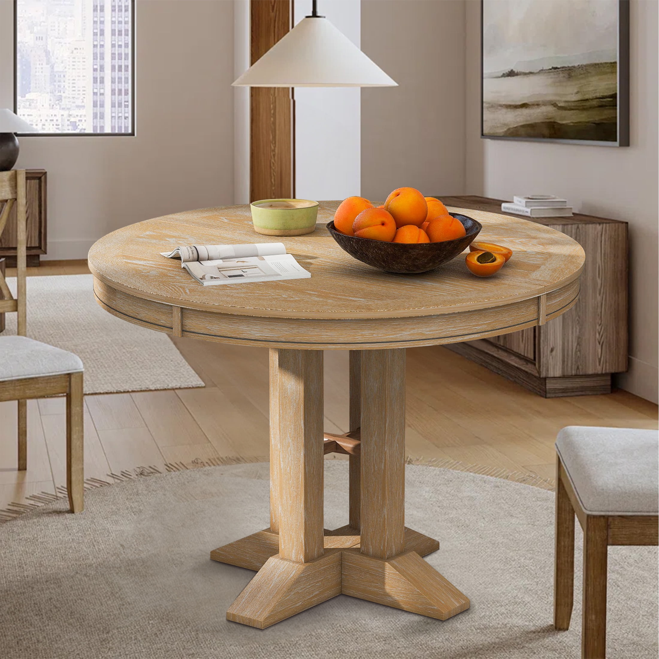 Aukfa Extendable Dining Table for 4-6, 42"-56" Round Kitchen Table with Removable Leaf for Dining Room/Living Room, Natural Wood