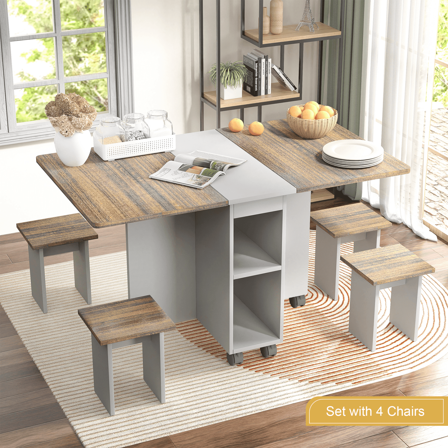 Aukfa Dining Table Set for 4,55'' Drop Leaf Wood Folding Kitchen Table,Gray