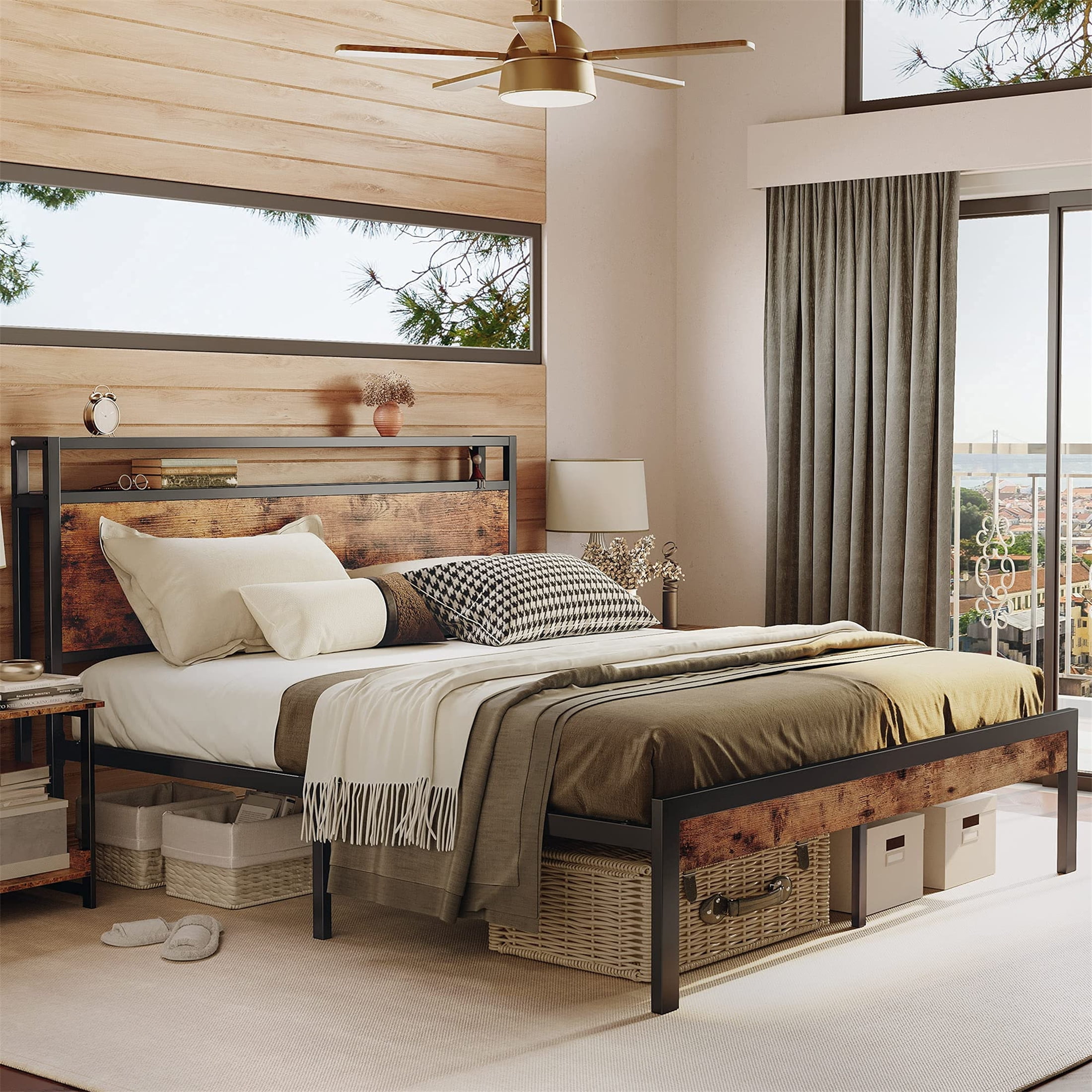 Aukfa Metal Full Size Bed Frame with USB Charge Port, Wood Storage Headboard Shelf, Black