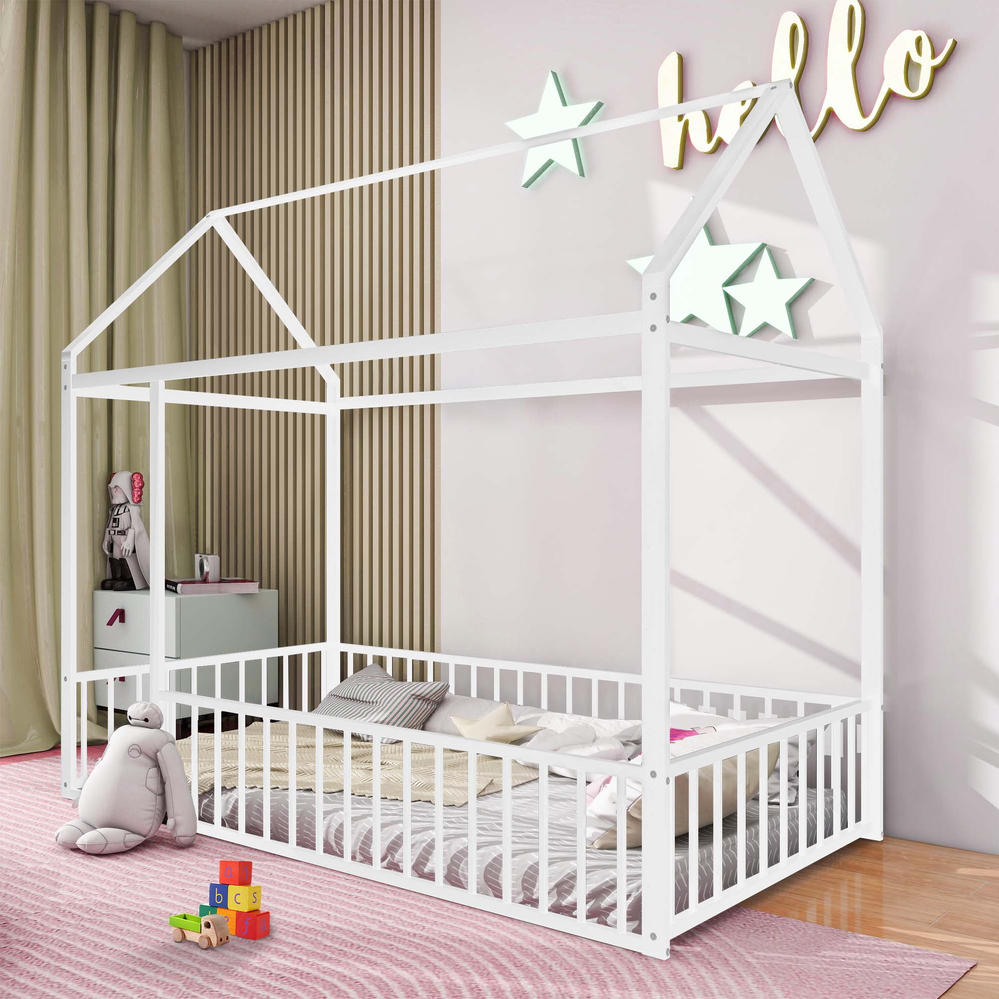 Aukfa Metal House Bed, Twin Platform Bed with Fence for Kids - White