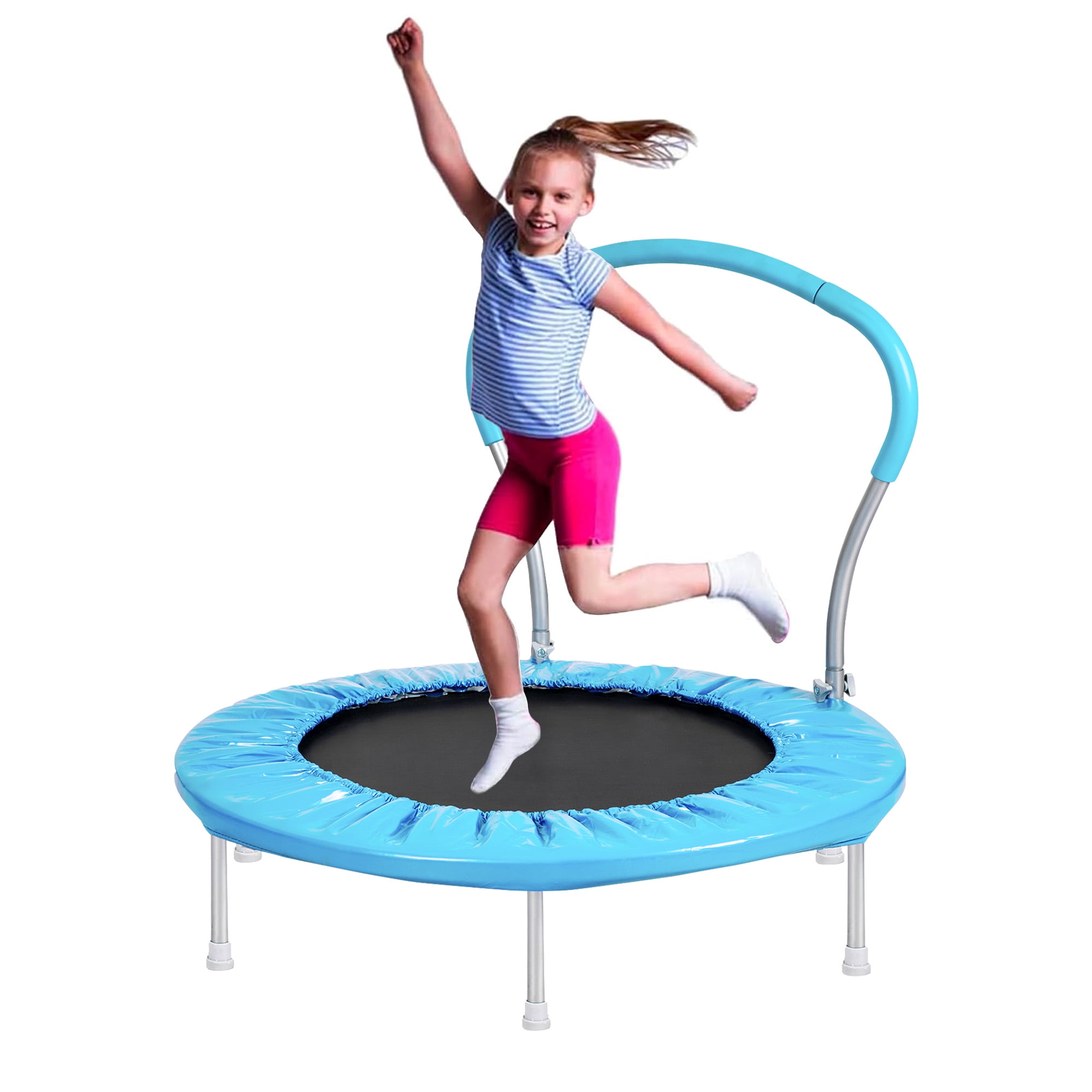 Aukfa Mini Trampoline with Handrail for Kids, 36" Fitness Rebounder with Safety Pad, Indoor Outdoor, Blue