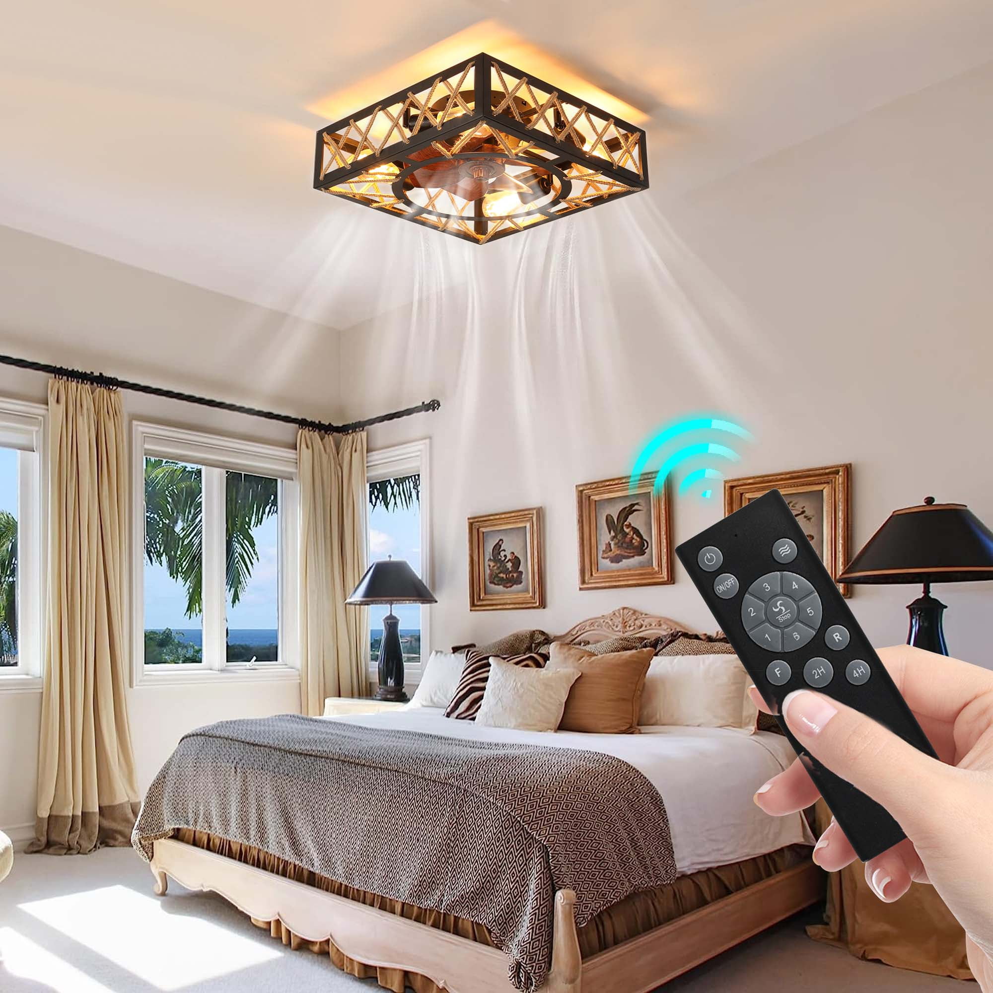 Aukfa Modern Low Profile Drum Cage Ceiling Fan with Light - Remote Control, Bladeless, 360-Degree Oscillating Design