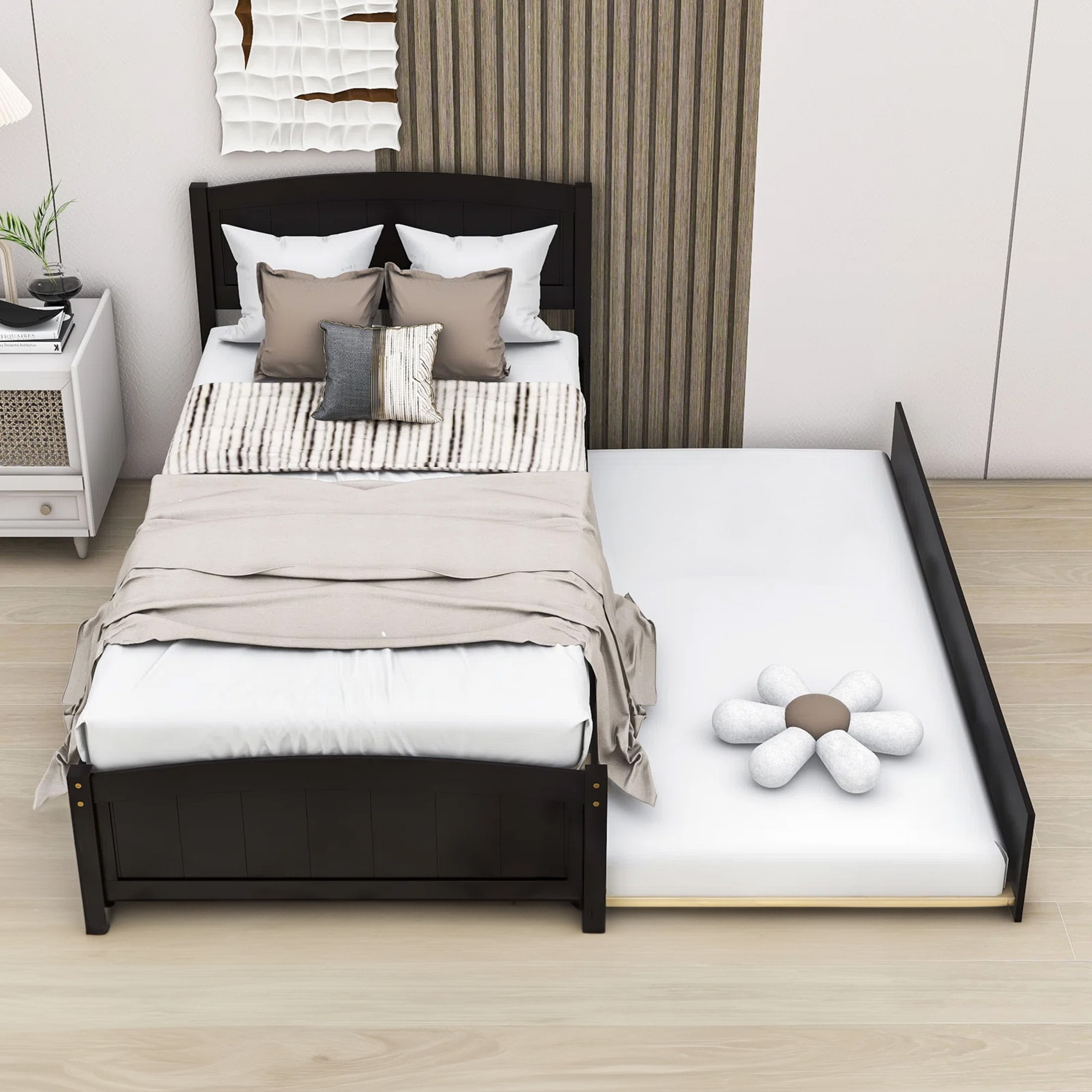 Aukfa Platform Bed with Trundle - Solid Wood Twin Size Bed Frame - Espresso