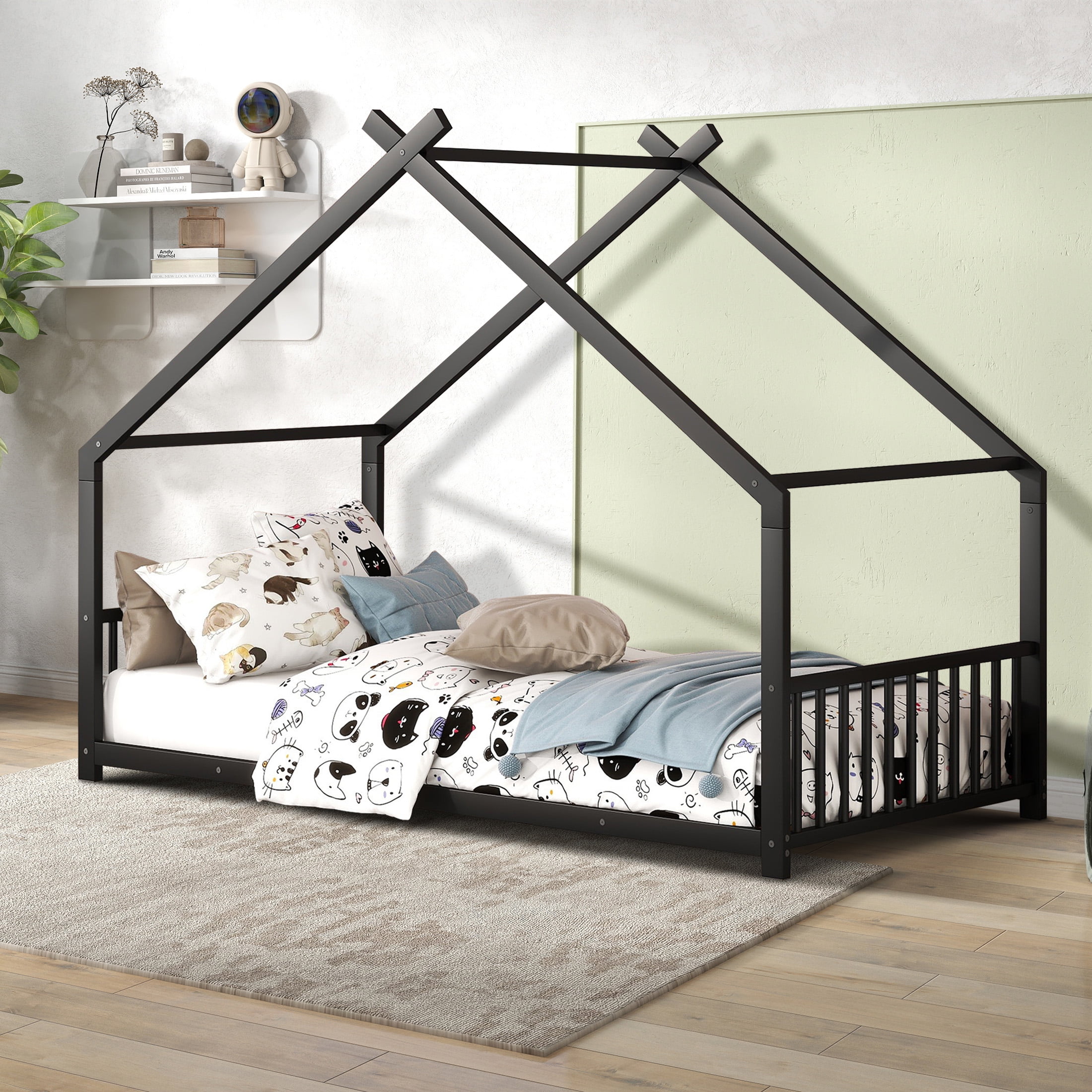 Aukfa Twin Size Metal House Bed, Montessori Floor Bed for Kids Toddler, Black