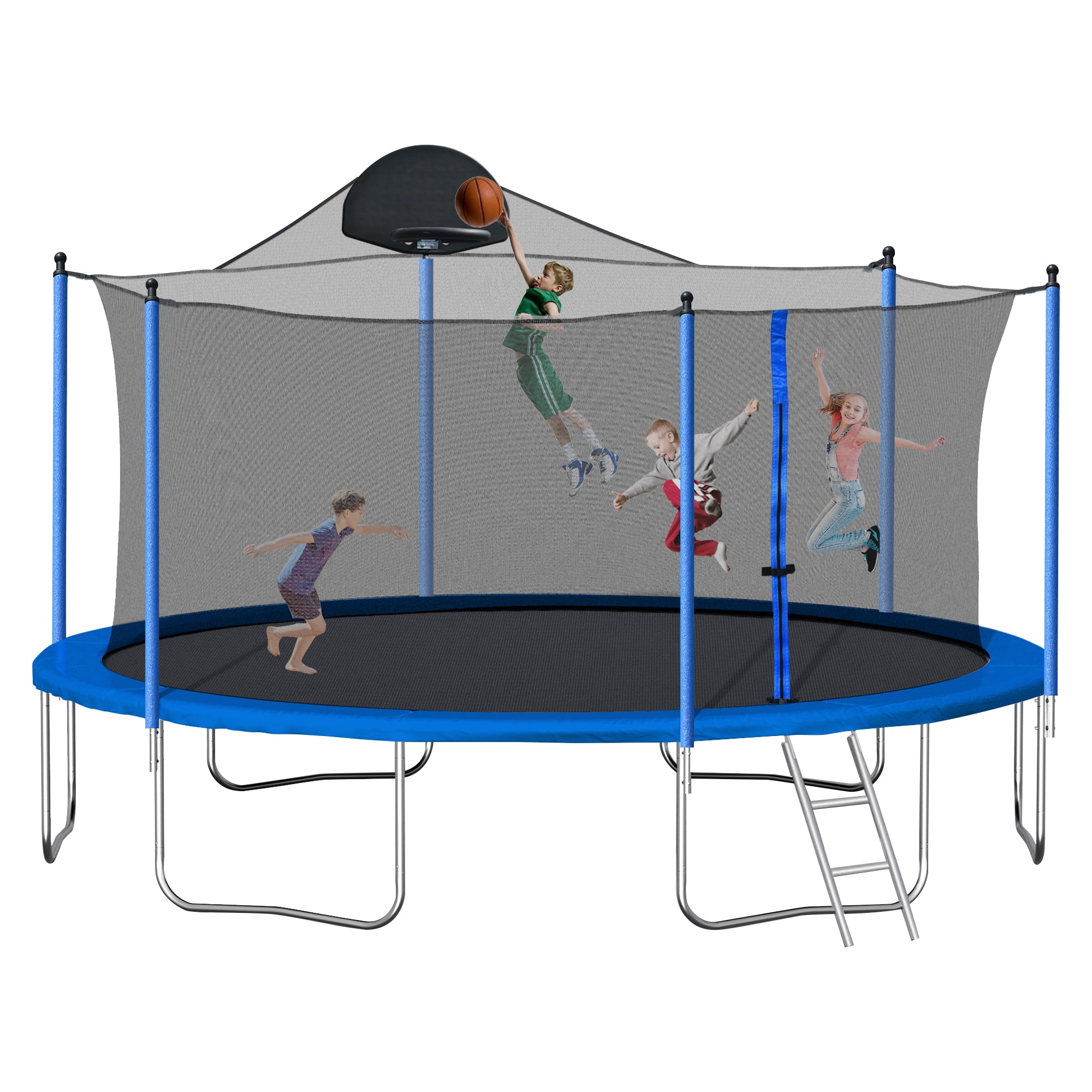 Aukfa 14FT Trampoline with Enclosure Net for Kids Adults, Outdoor Trampoline with Basketball Hoop for Backyard, Blue