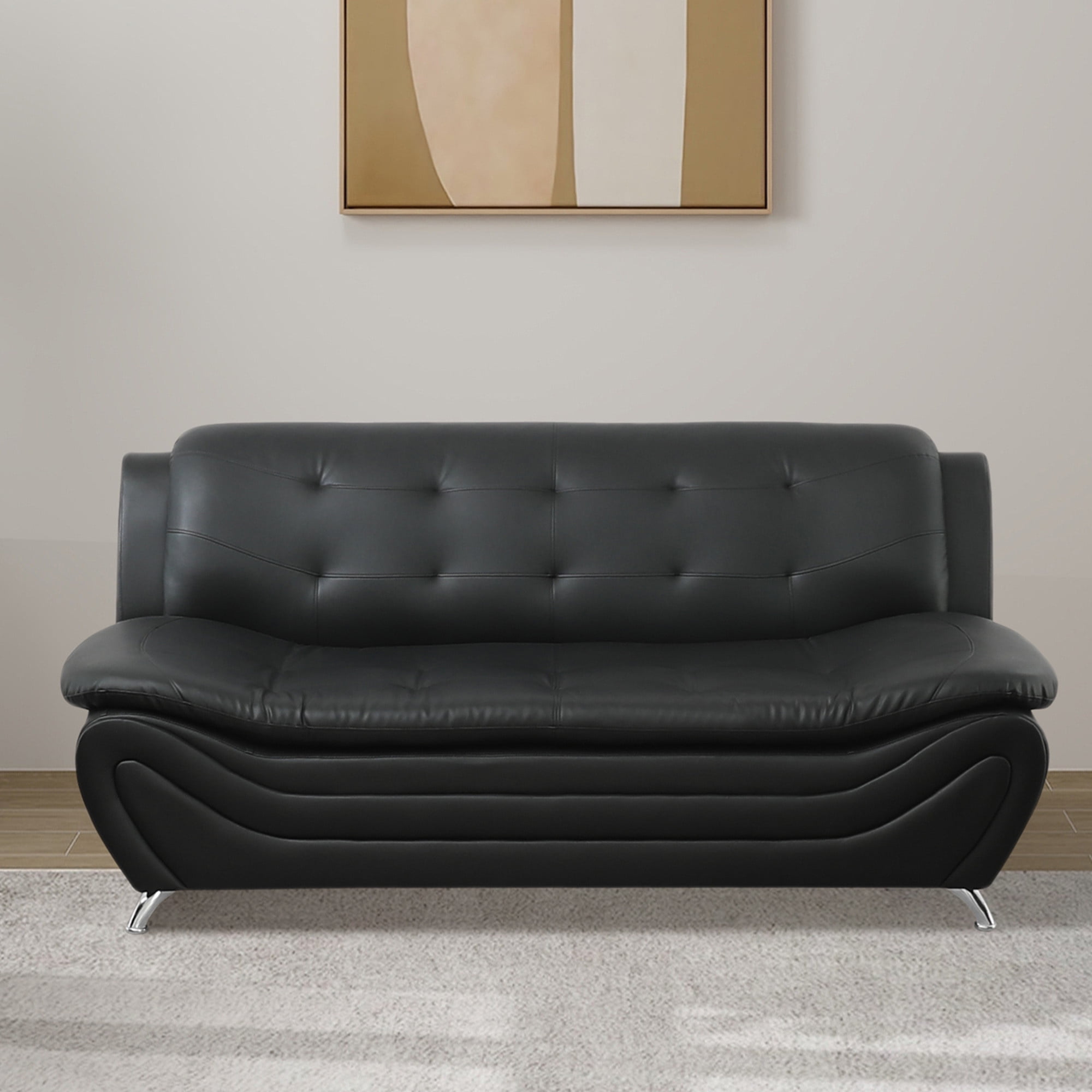 Aukfa 3 Piece Sofa Set - 76.5" Upholstered 3 Seat Sofa Couch for Living Room Bedroom, Leather, Black