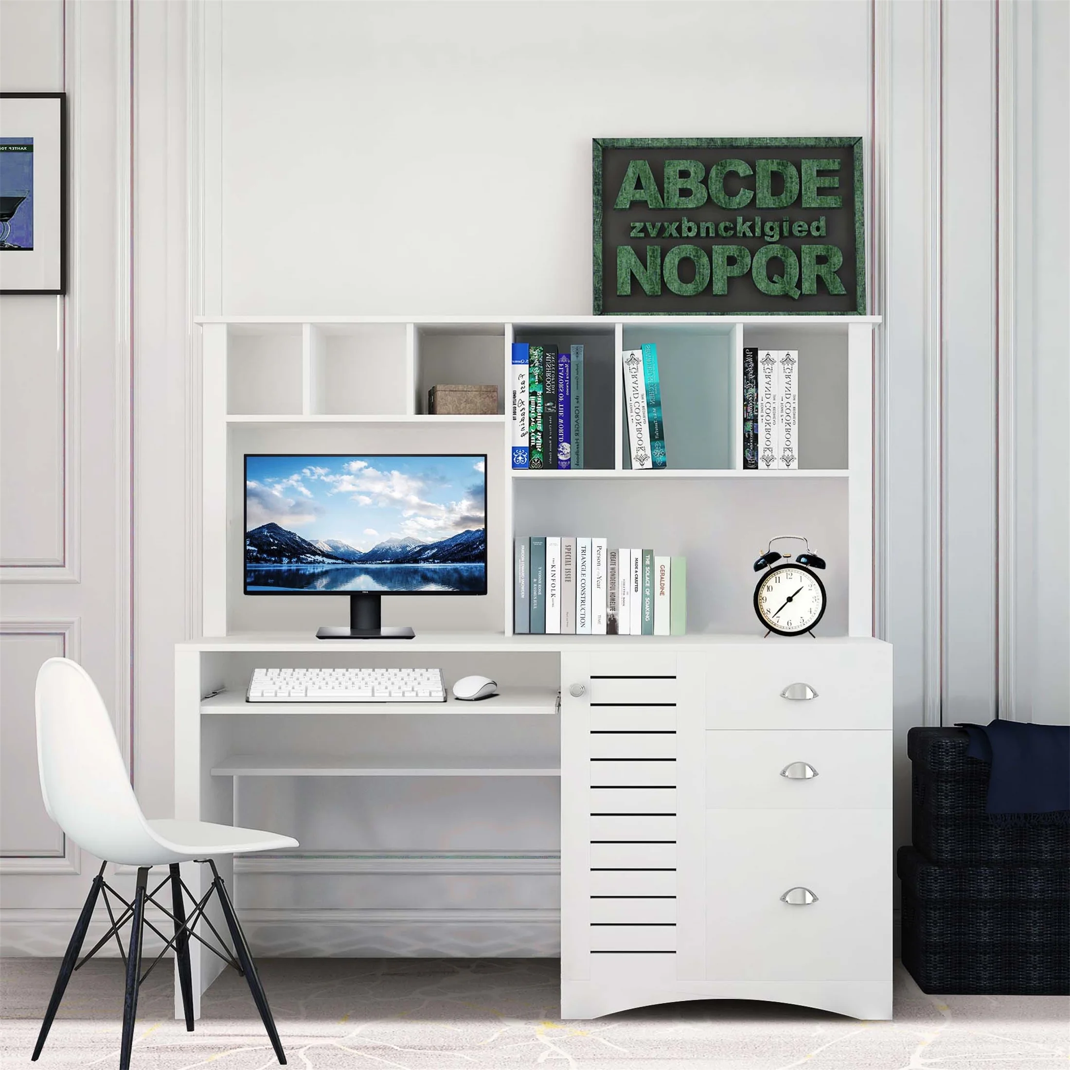 Aukfa 59" Computer Desk with Hutch for Home Office, 3 Drawers, Keyboard Tray, White