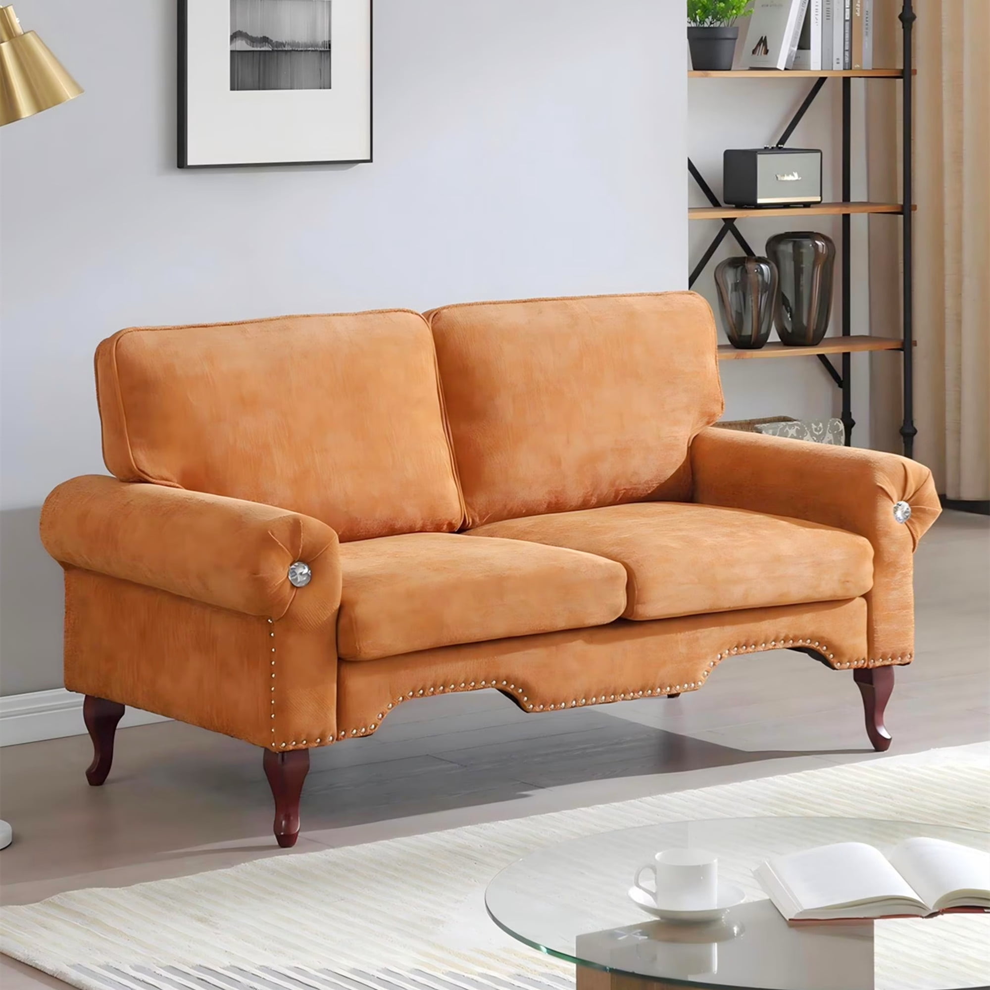 Aukfa 66" Small Sofa Deep Seat Couch with Crystal Button&Copper Nail, Roll Arm, Linen, Orange