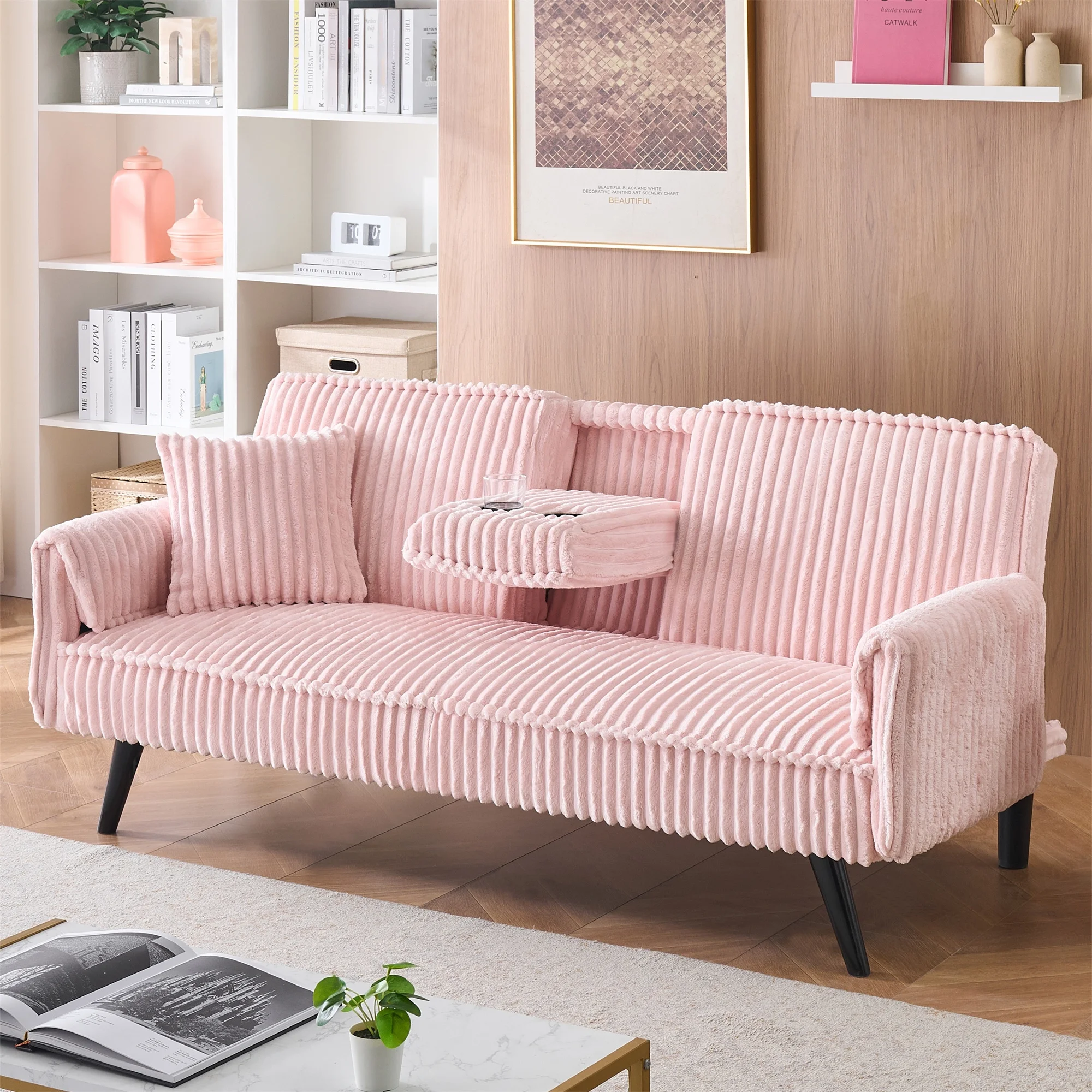 Aukfa Corduroy Futon Convertible Sofa Bed, 2 Cup Holders& Pillow, Straight-line Tufted, Pink