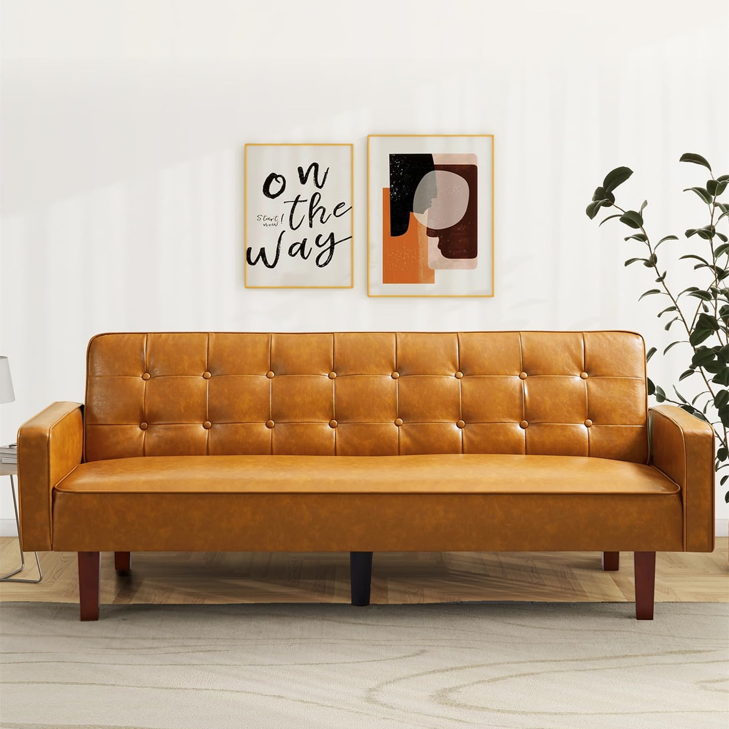 Aukfa 75" Button-Tufted Futon Convertible Sofa Bed for Home Office, Leather, Brown