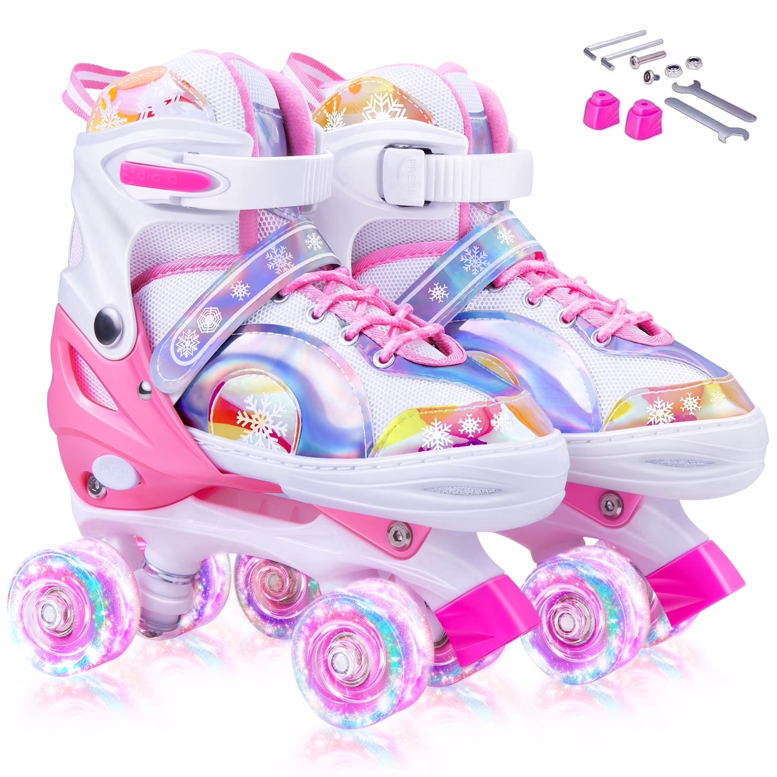 Bvivok Roller Skates for Girls Size (S: 12C-1.5Y), 4 Sizes Adjustable, with Light up Wheels, Pink