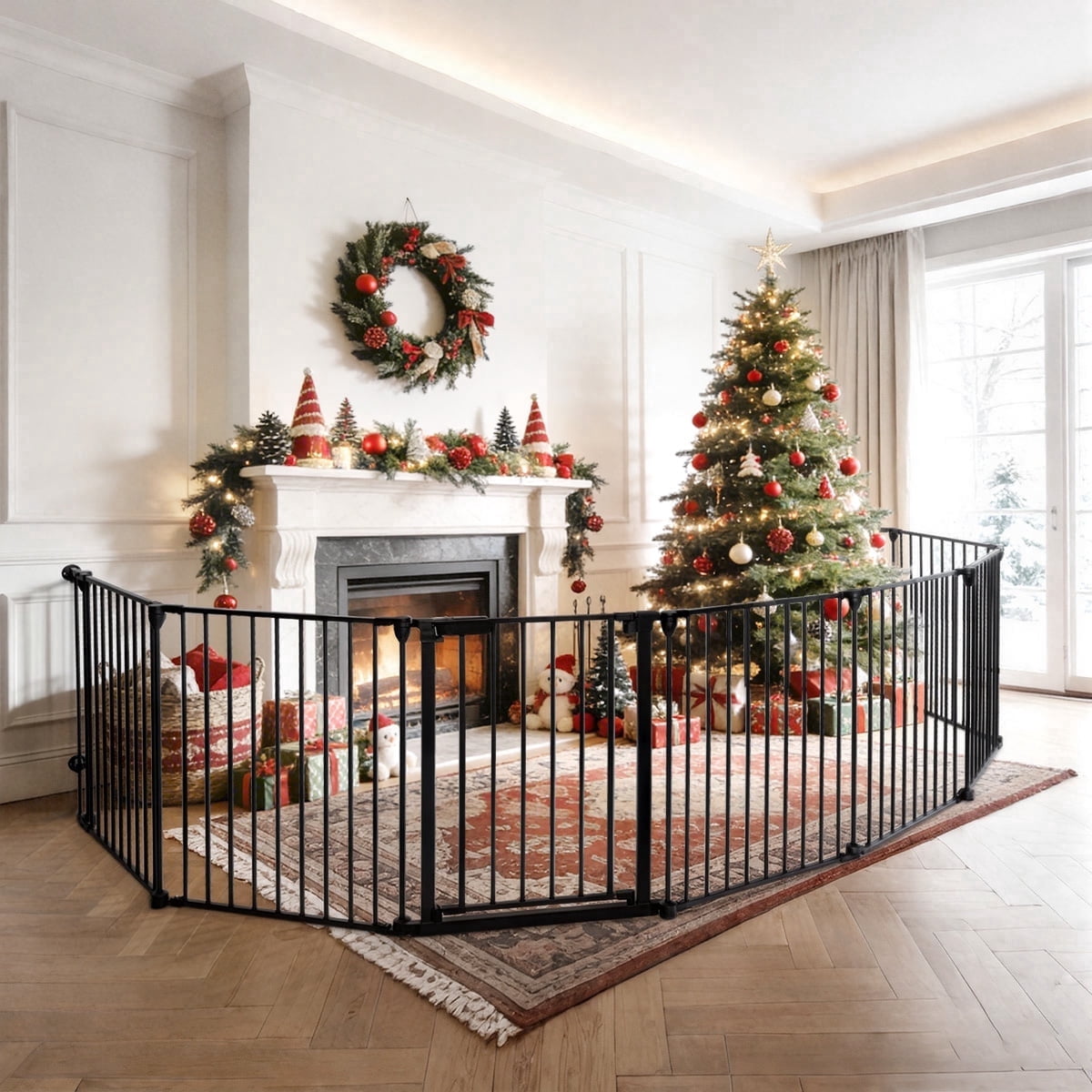 Pet Gates, Caveen Dog Playpen 8Panel 198" Extra Wide 30" Tall Fireplace Fence Playard, Black