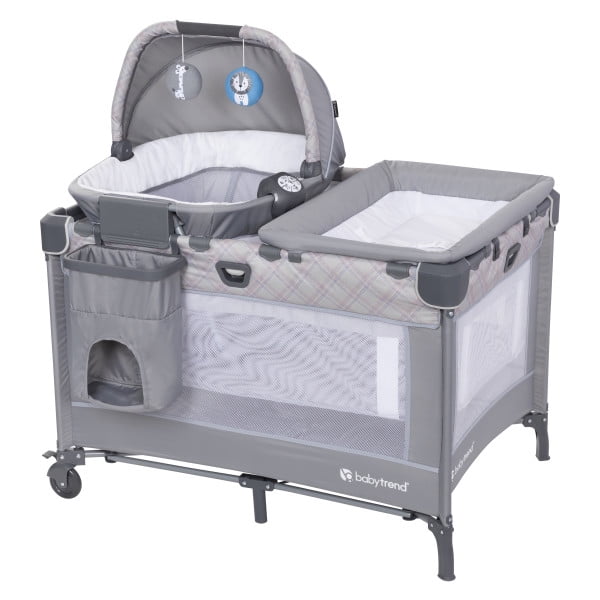 Baby Trend Nursery Den Playard with Dome Napper, Changing Table & Diaper Stacker in Madrid Plaid