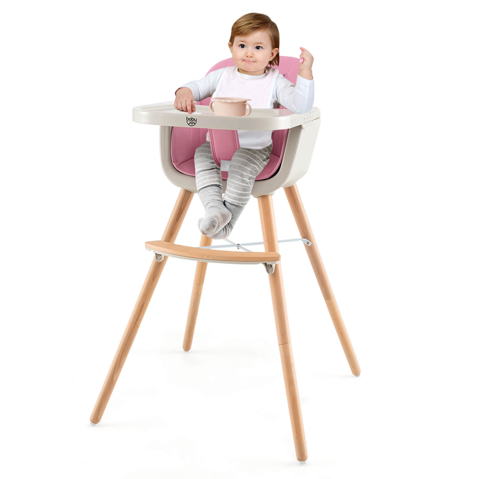 Baby joy Wooden High Chair Baby Toddler 3 in 1 Convertible Highchair w/ Cushion Pink