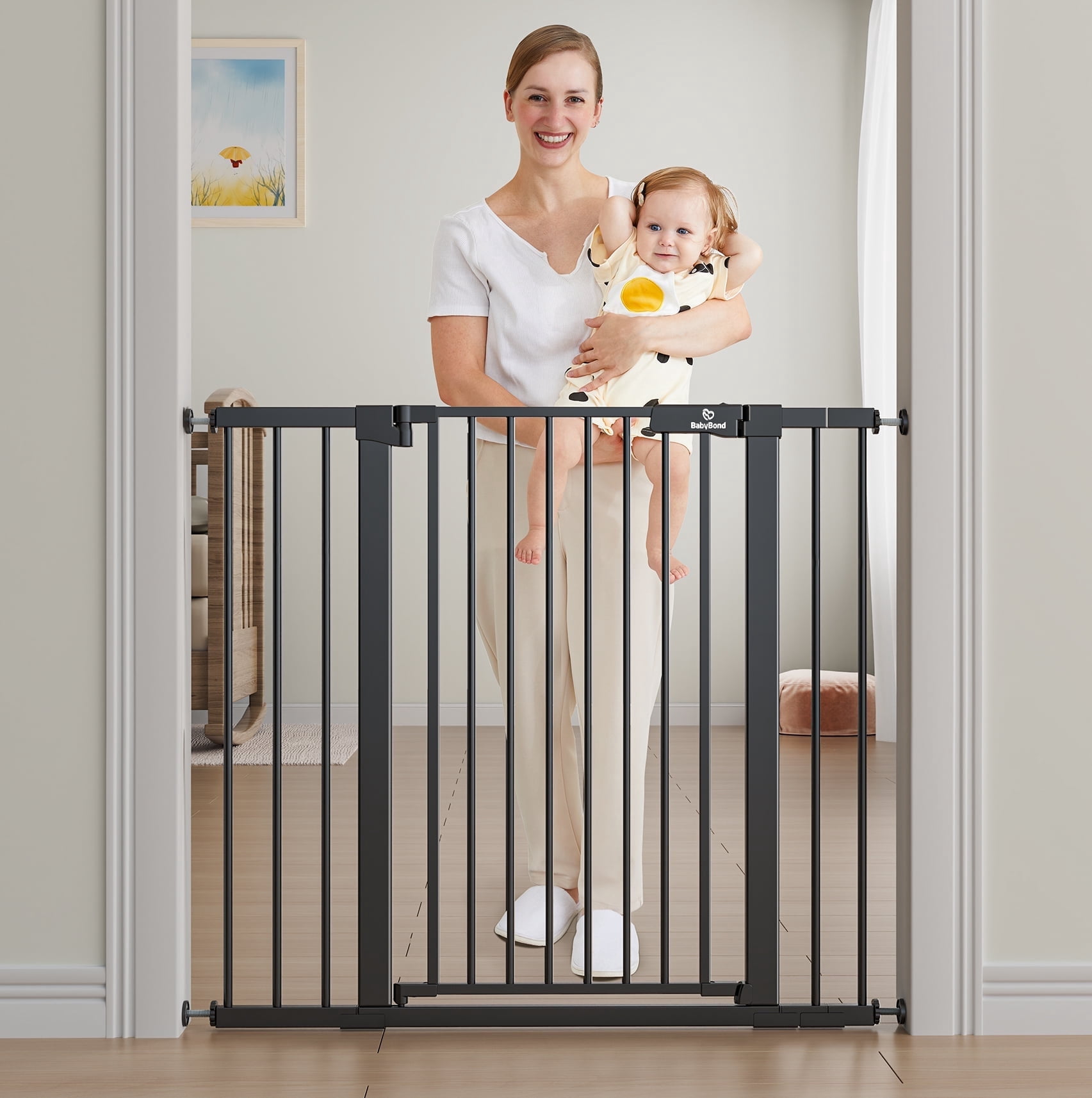 BabyBond 36" Extra Tall Dog Gates for Doorway and Stairs, Easy Step Baby Gate, Premium Cat/Pet Gate, Auto Close Safety Child Gates, with Extenders and Hardware/Pressure mounting Kit, Black