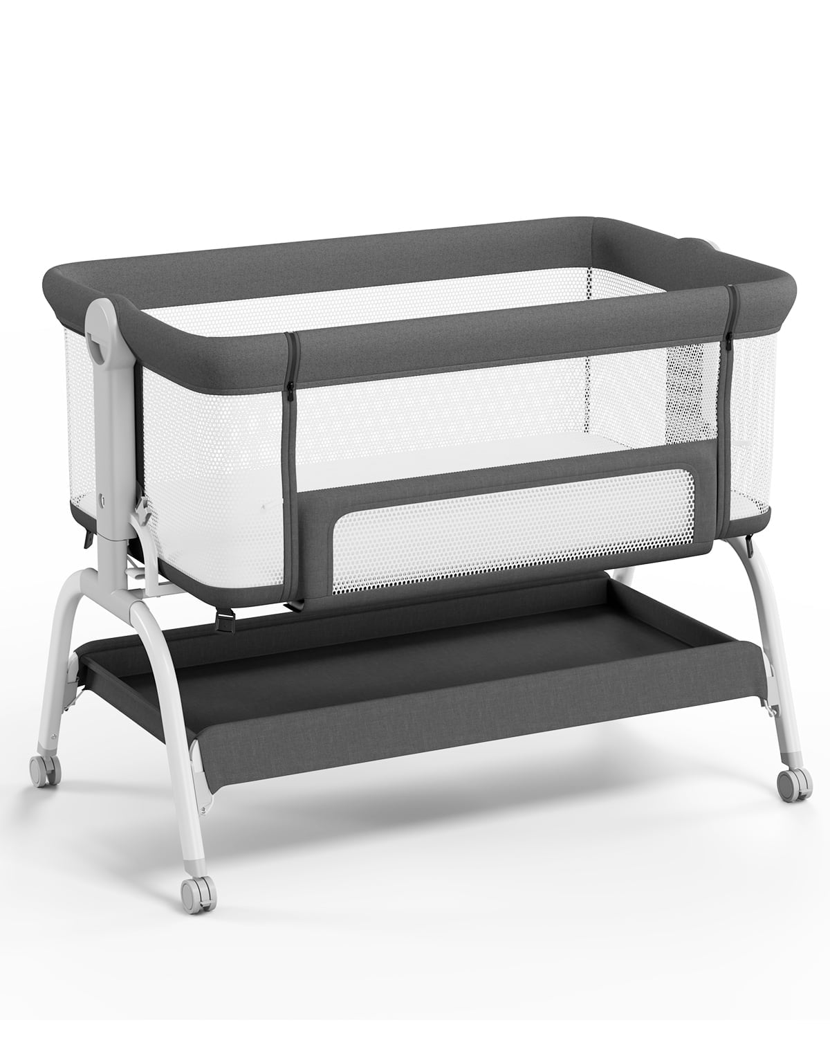 Babyomi 3 In 1 Baby Bassinet, Portable Playard With Storage Basket and Wheels, Adjustable Height Bassinet Bedside Sleeper, Easy Folding Portable Crib for Newborn, Grey