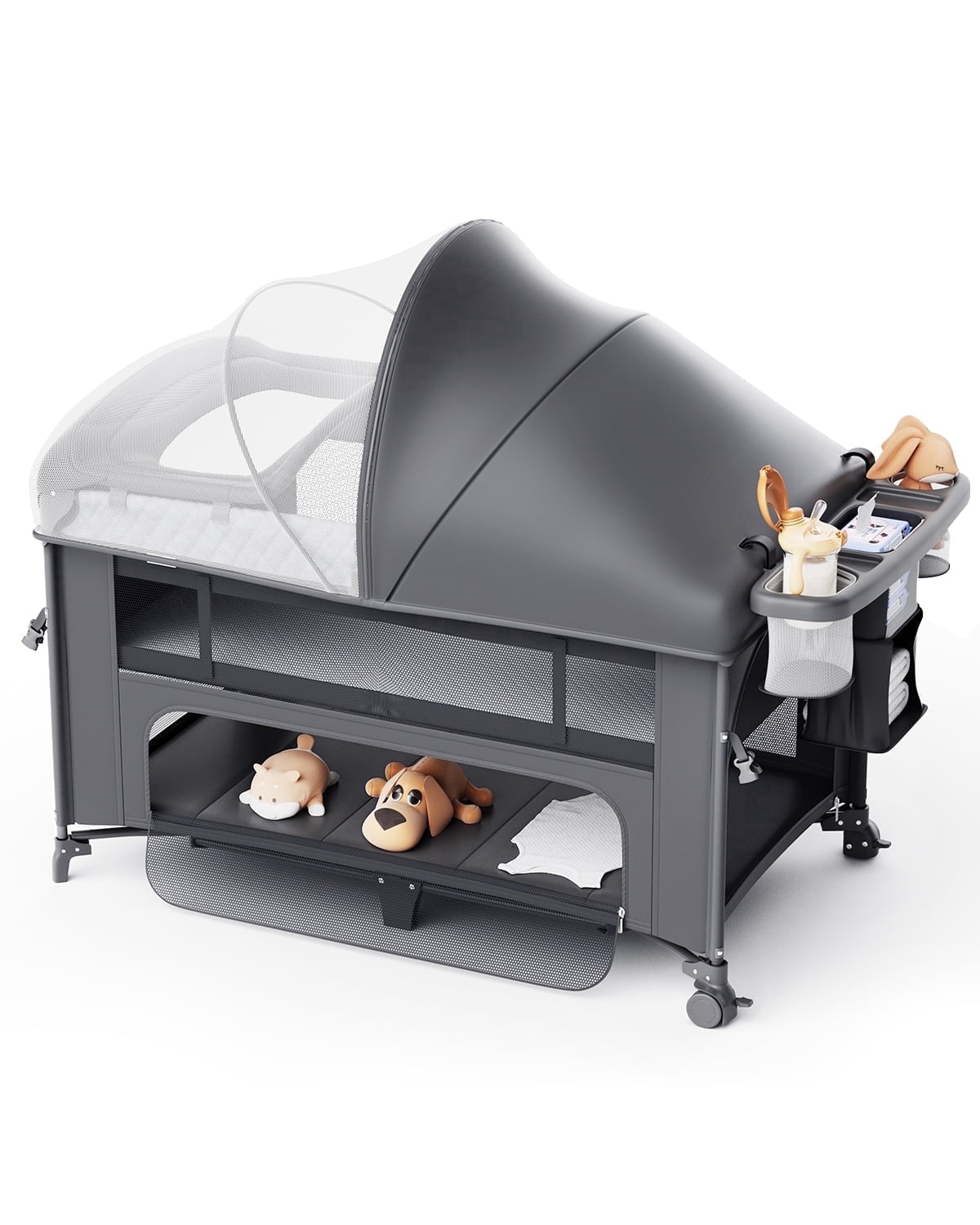 Babyomi 4 in 1 Baby Bassinet with Diaper Changer, Long Next to Bed Crib with Mattress,Height Adjustable,Pack and Play,Bedside Crib Sleeper, Gray