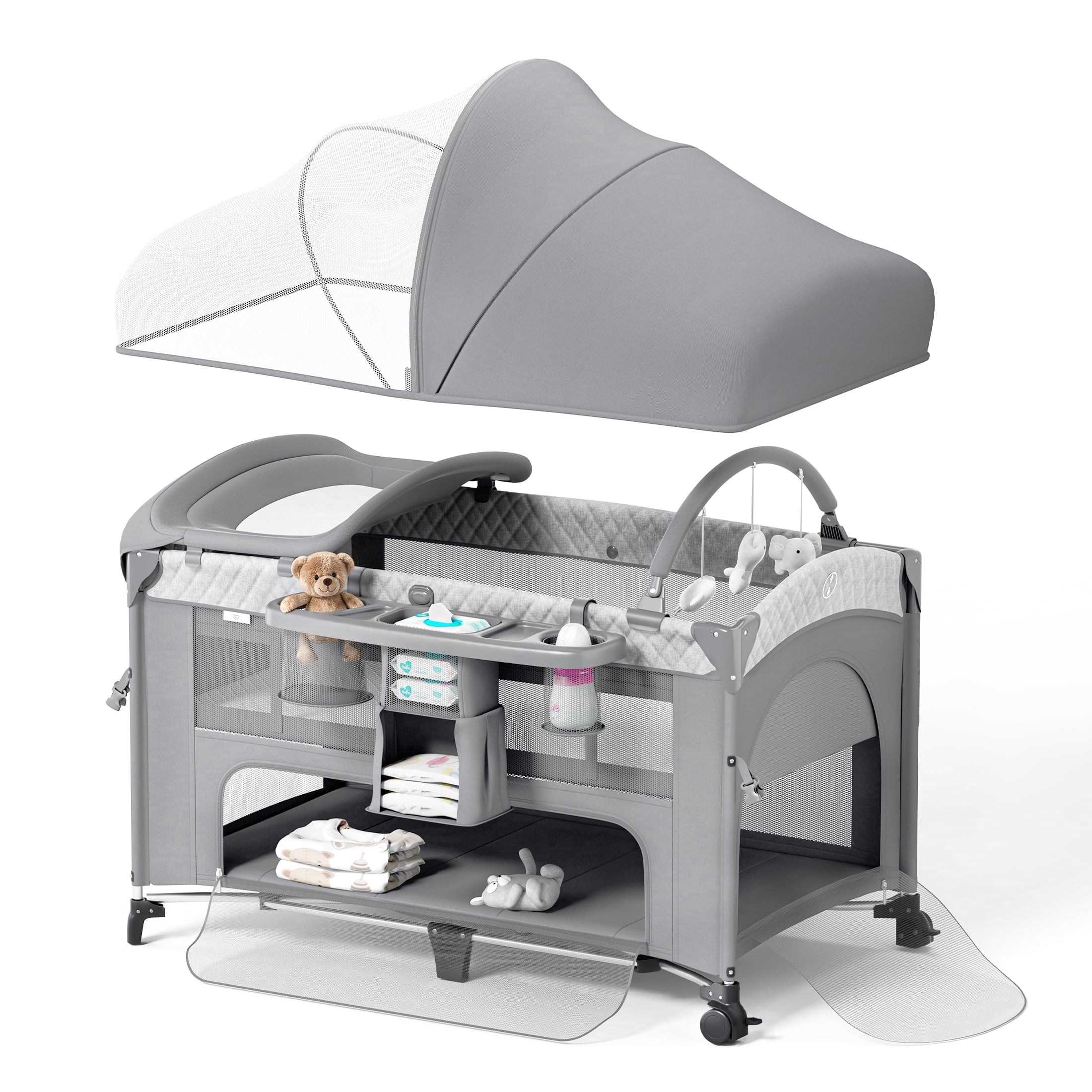 Babyomi 4 in 1 Baby Bassinet with Diaper Changer, Long Next to Bed Crib with Mattress,Height Adjustable,Pack and Play,Bedside Crib Sleeper, Gray