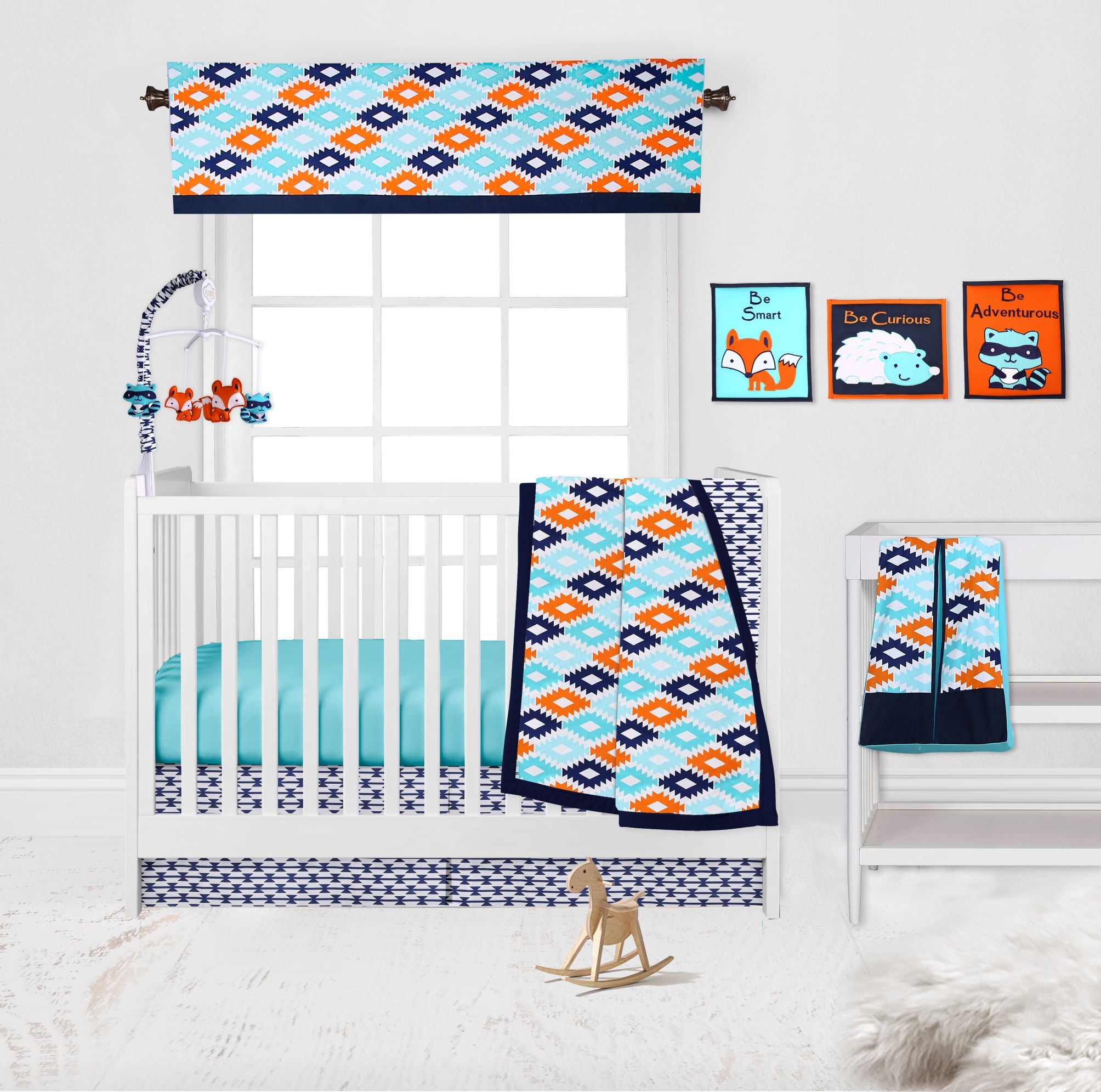 Bacati - Liam Aztec Aqua/Orange/Navy 10-Piece Nursery in a Bag Crib Bedding Set 100% Cotton Percale Unisex Crib Bedding Set with 2 crib fitted sheets