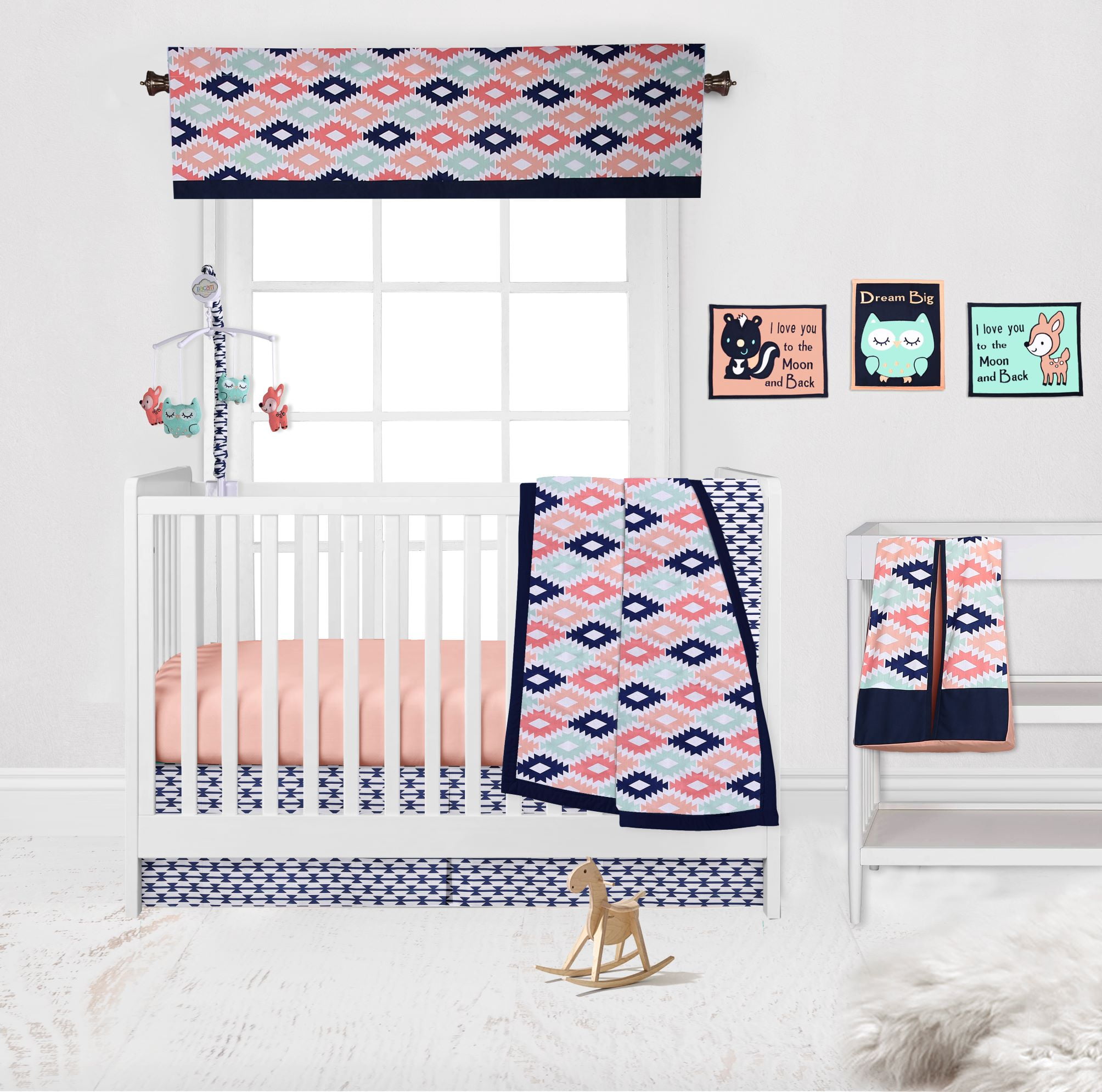 Bacati - Emma Aztec Coral/Mint/Navy 10-Piece Nursery in a Bag Crib Bedding Set 100% Cotton Percale Girls Crib Bedding Set with 2 crib fitted sheets